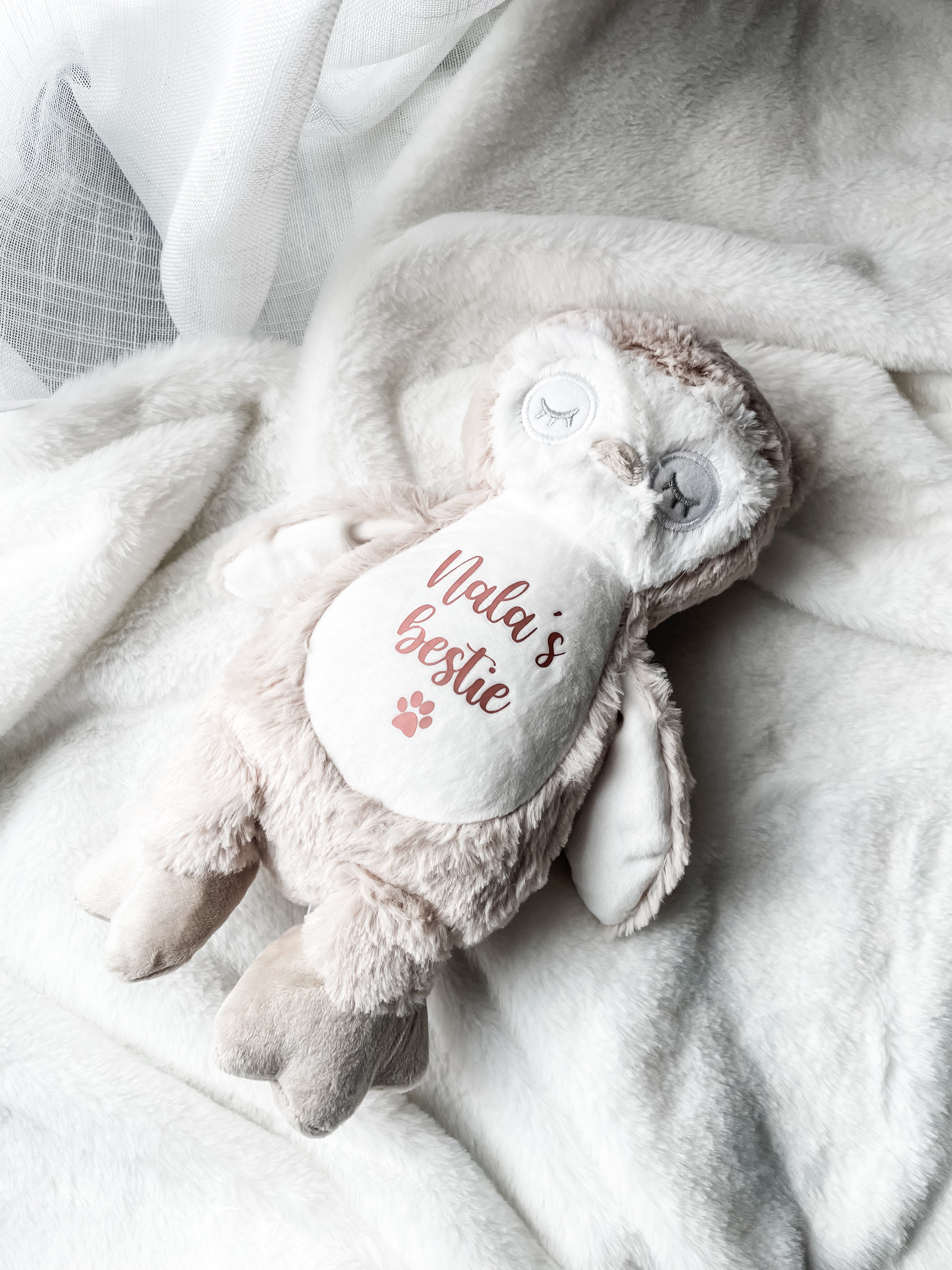 Personalised soft cat toy in a plush owl design with custom name and paw print symbol. Personalised cat gifts made with love by a cat owner.