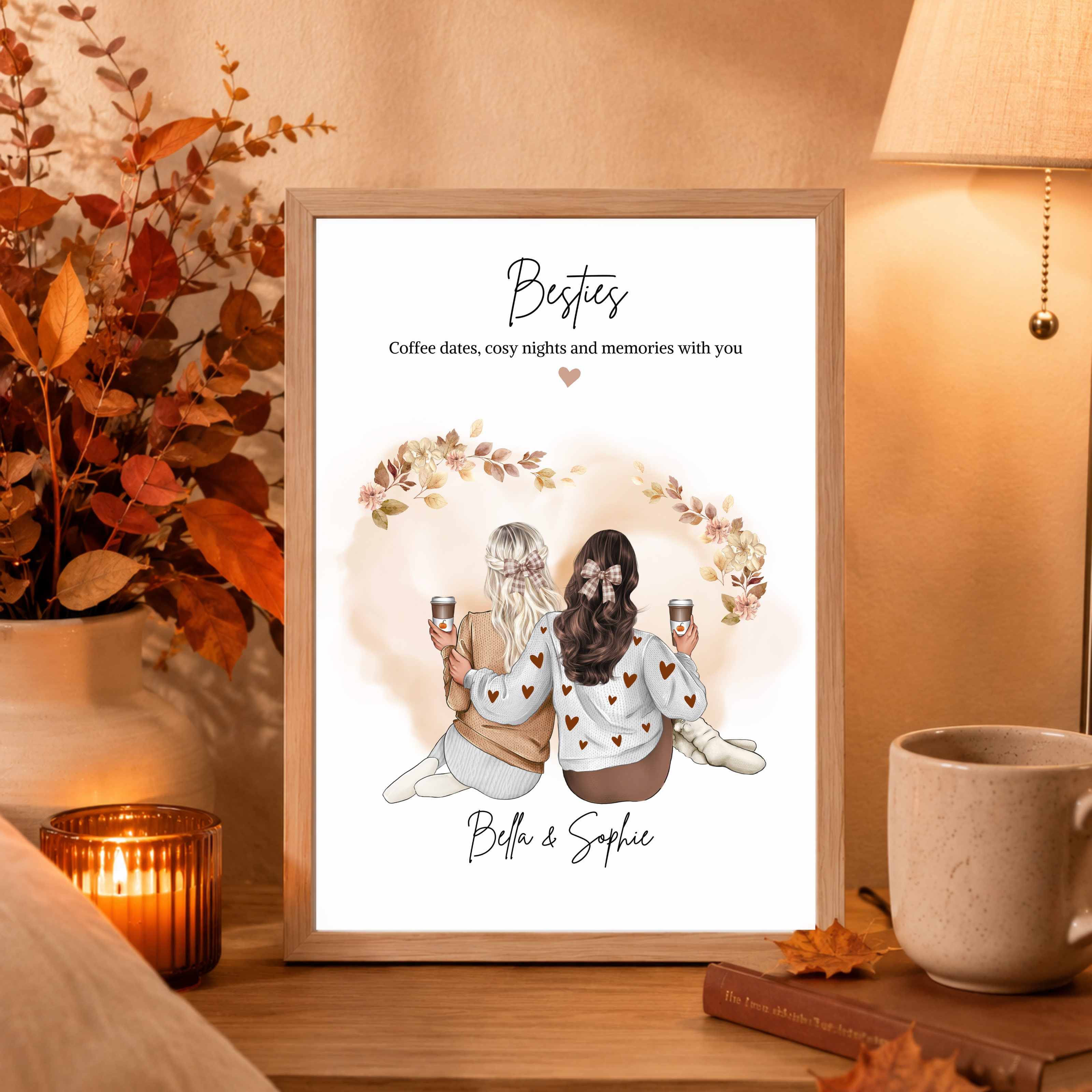 Personalised autumn best friends print with customisable knit jumpers, hair bows, and pumpkin spice lattes in a rustic frame. 