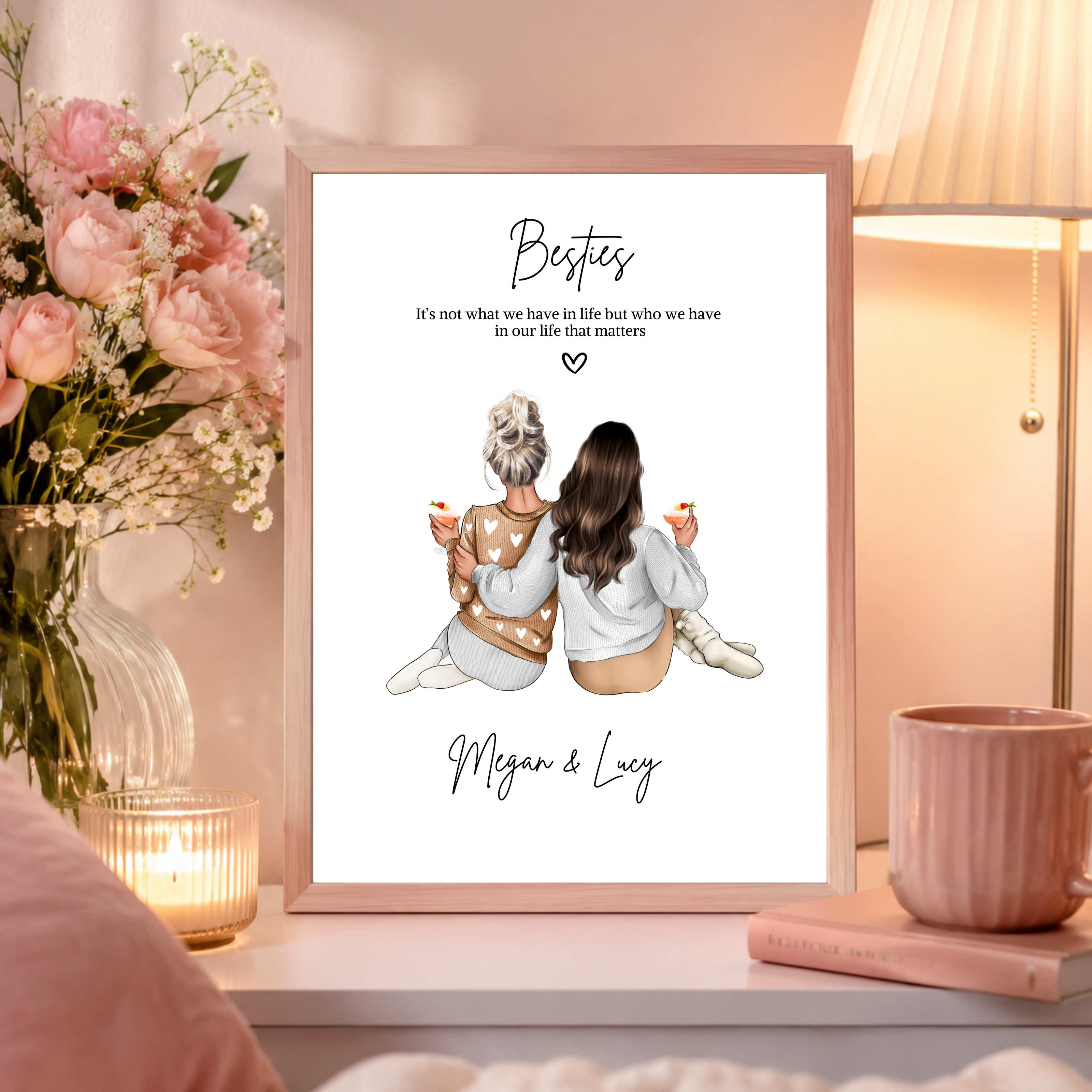 Personalised besties print featuring two custom best friends with custom outfits, hairstyles and drinks. Custom best friend gift.