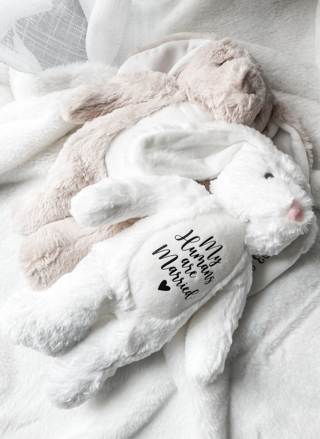 Personalised dog engagement announcement toys in white and light brown, styled in a home setting, custom dog wedding toy.