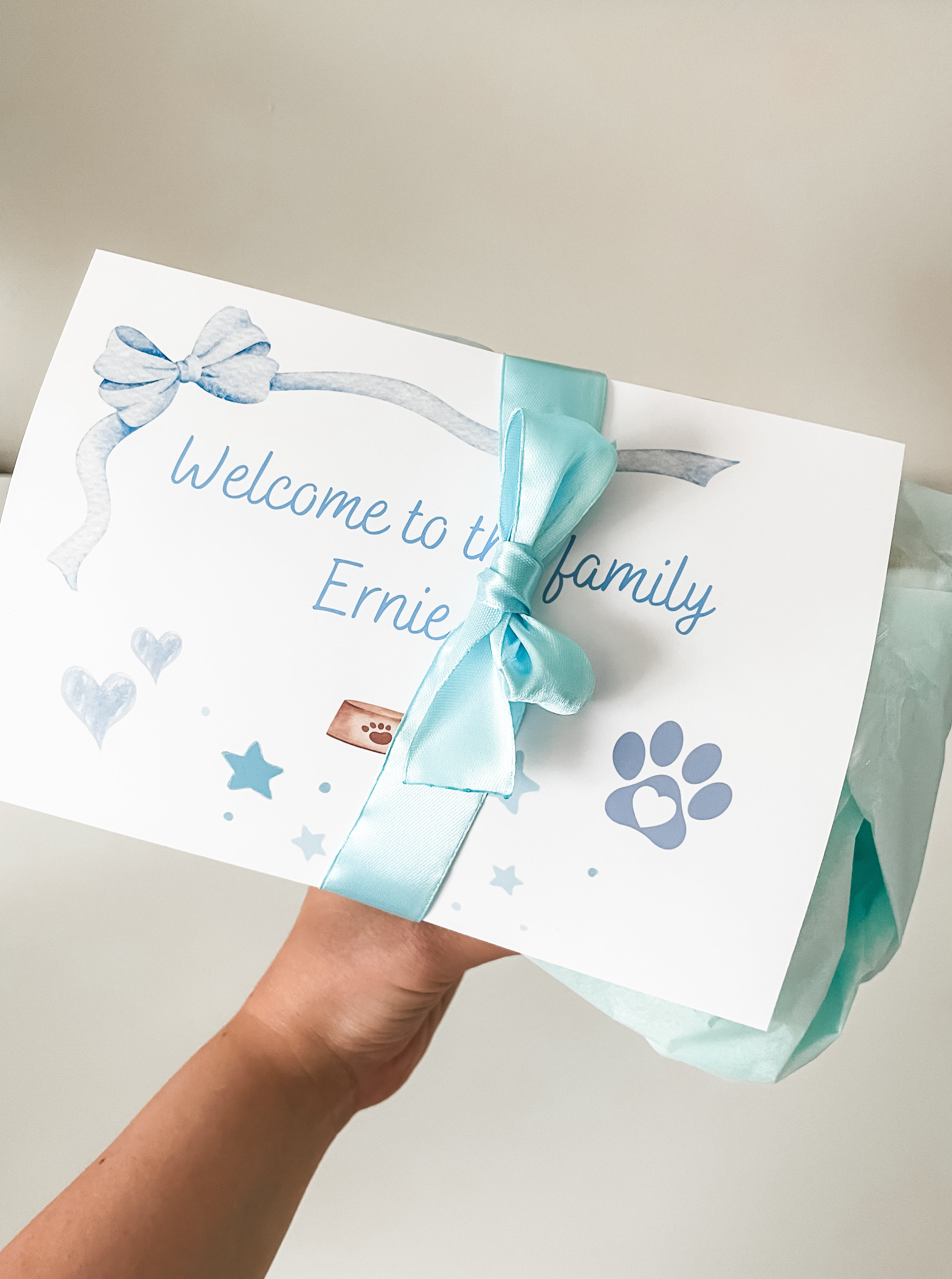 Blue luxury gift wrapped dog toy with tissue paper, satin ribbon bow and personalised gift message card.