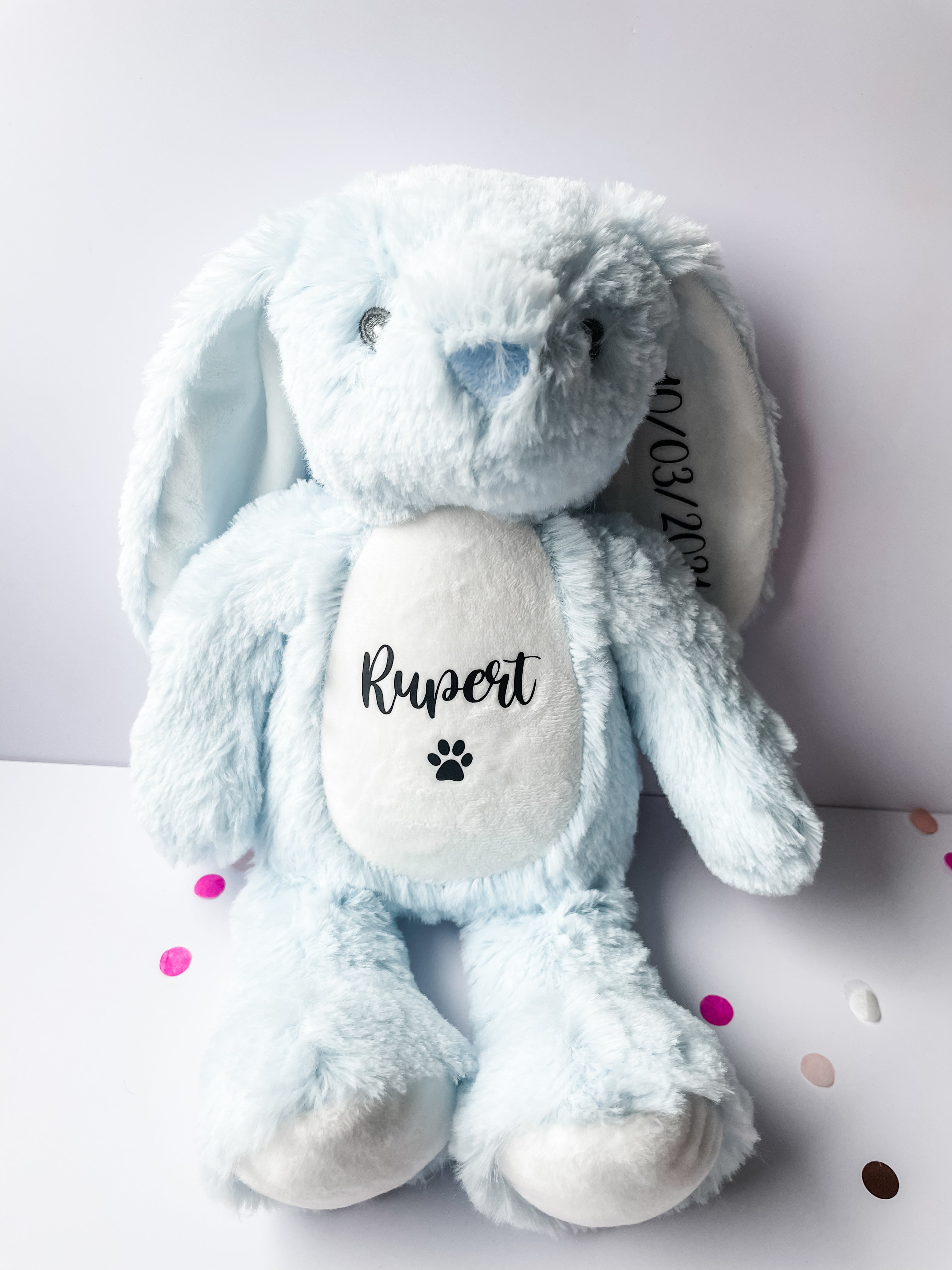 Blue personalised birthday bunny customised with dog's name and birth date. Thoughtful dog birthday keepsake.