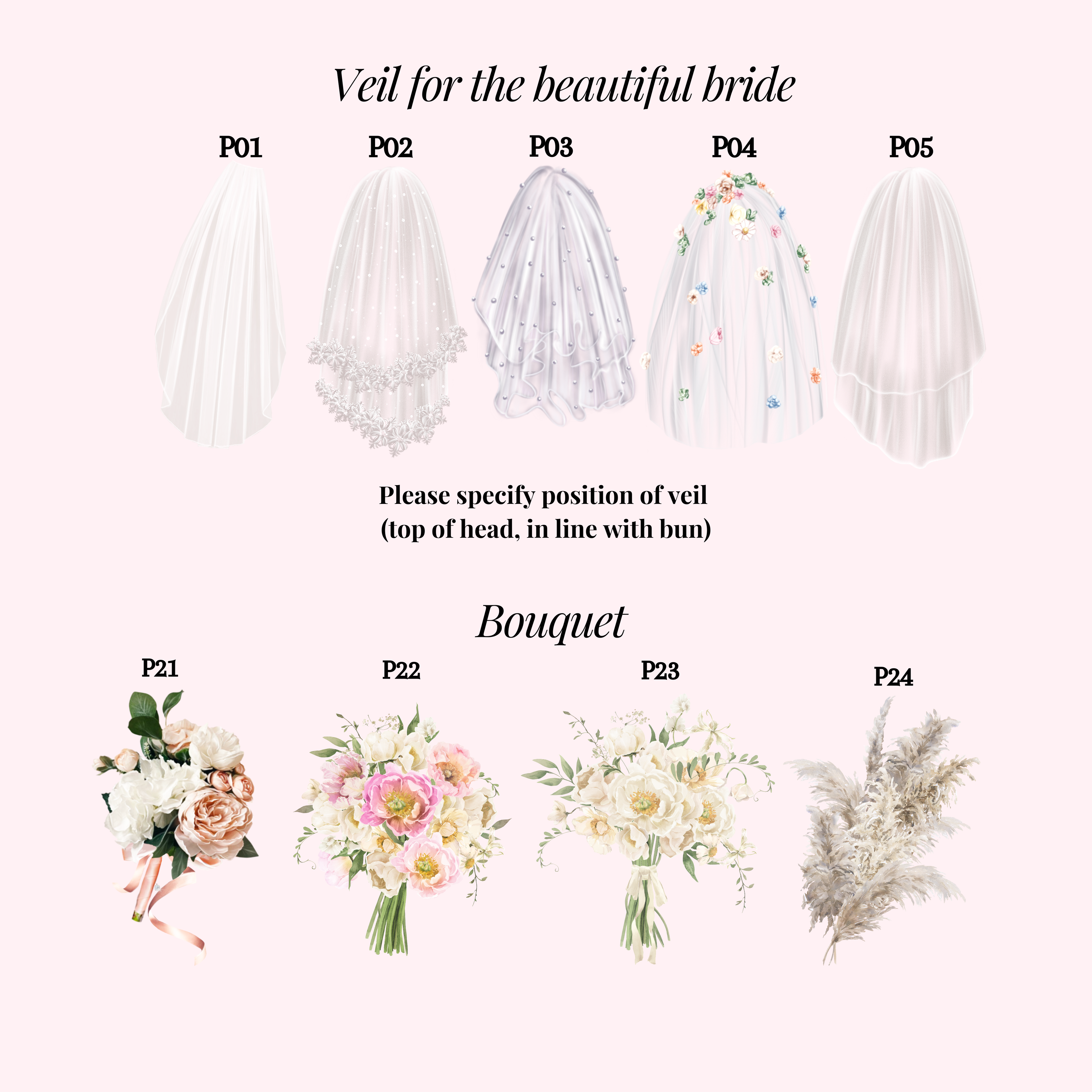 Choose from beautiful veil and bouquet options to personalise your bride and bridesmaid wedding print.