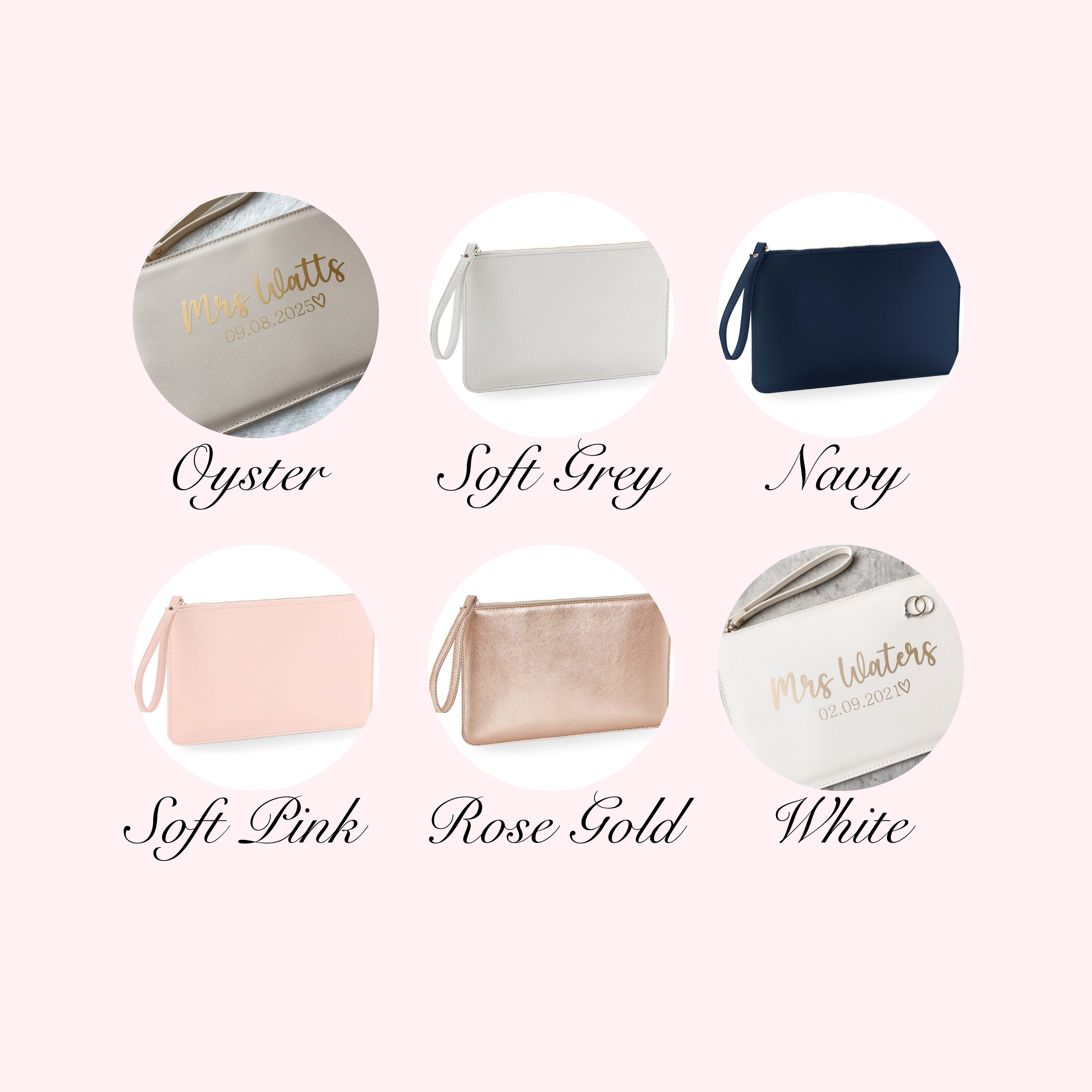 Choose from beautiful personalised bridal clutch bag colours. Elegant wedding keepsake personalised with the bride's surname and wedding date.