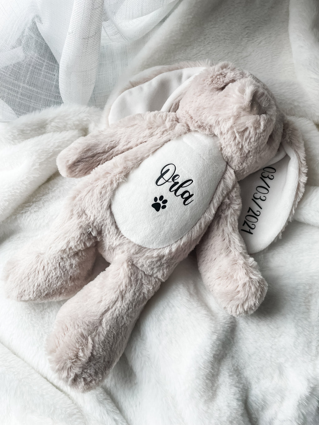 Brown personalised birthday bunny toy customised with dog's name. Personalised birthday gift for dogs.