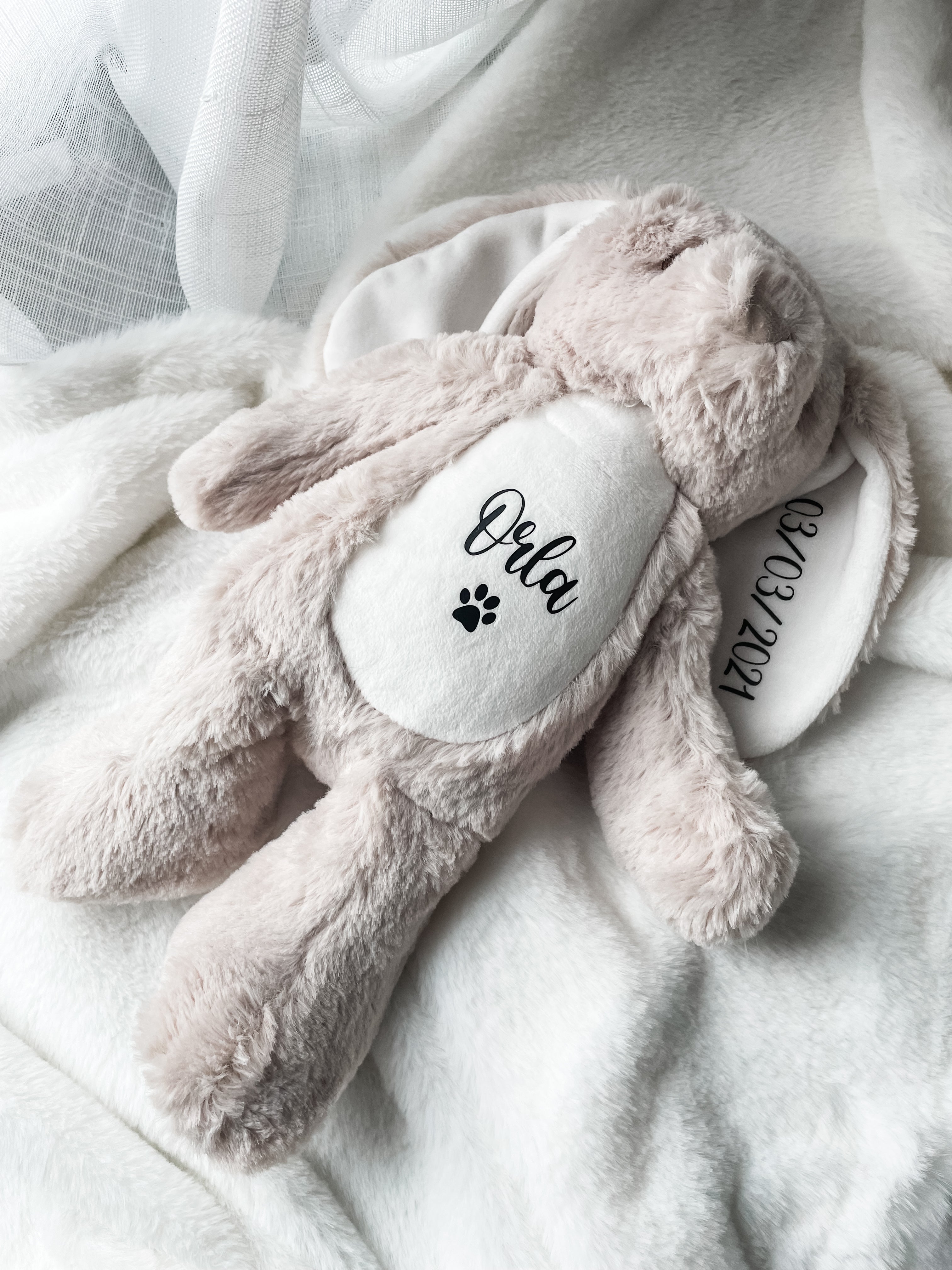 Brown personalised birthday bunny toy customised with dog's name. Personalised birthday gift for dogs.