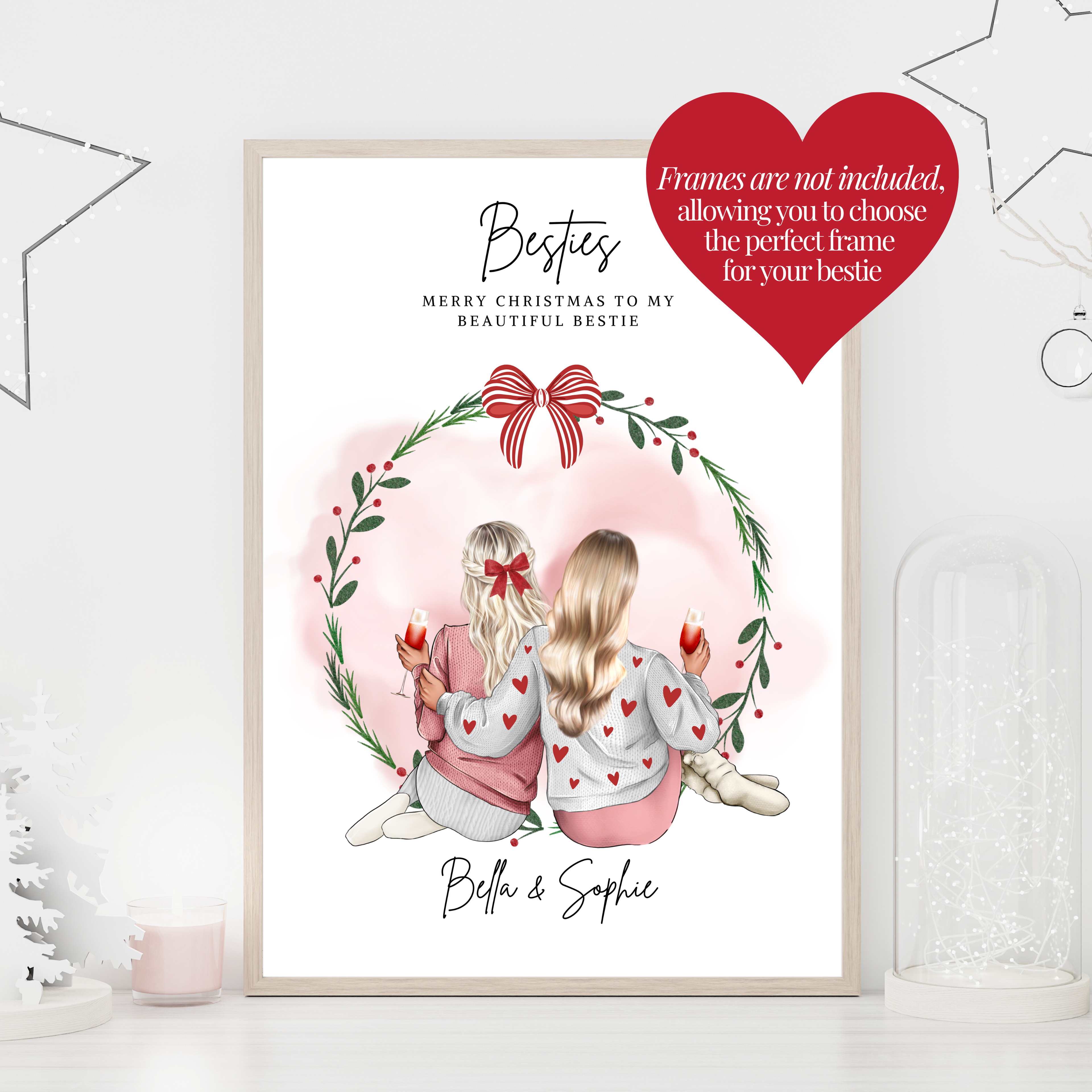 Personalised Christmas print shown in a frame for display inspiration. Frames not included so you can choose the perfect festive frame for your bestie. A thoughtful and convenient digital Christmas download.