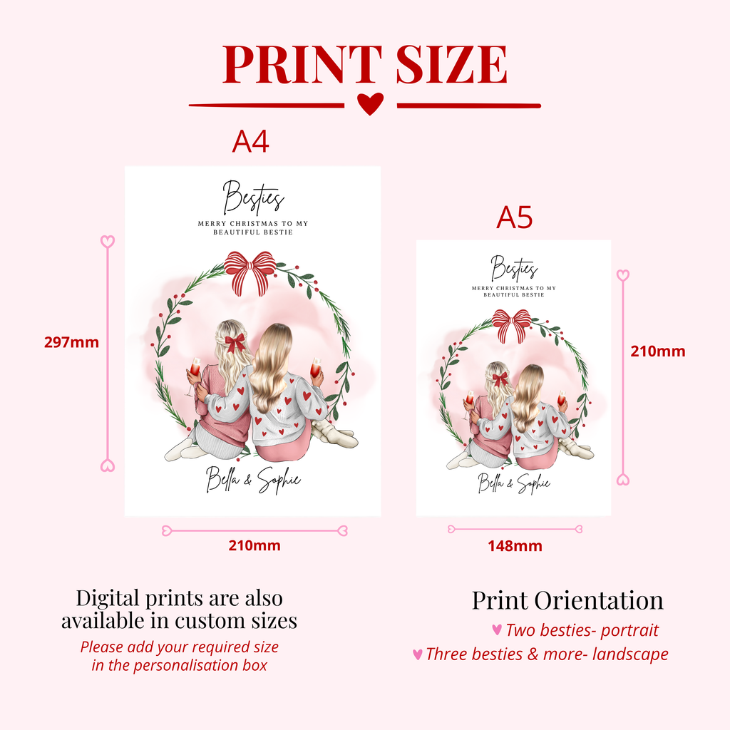 Personalised Christmas besties print available in A5 and A4 professionally printed options or multiple sizes for a emailed copy. Custom best friend Christmas digital gift.