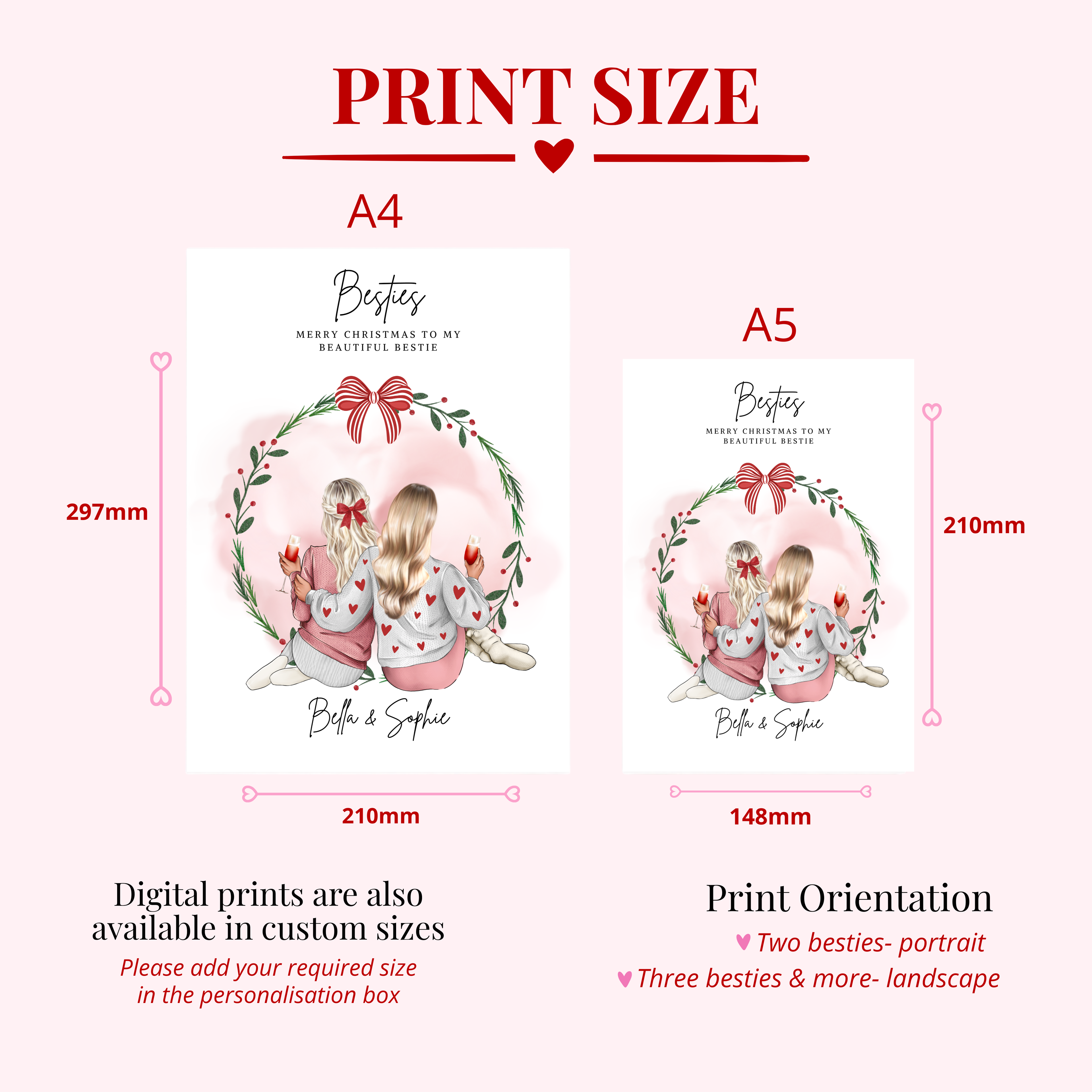 Personalised Christmas besties print available in A5 and A4 professionally printed options or multiple sizes for a emailed copy. Custom best friend Christmas digital gift.