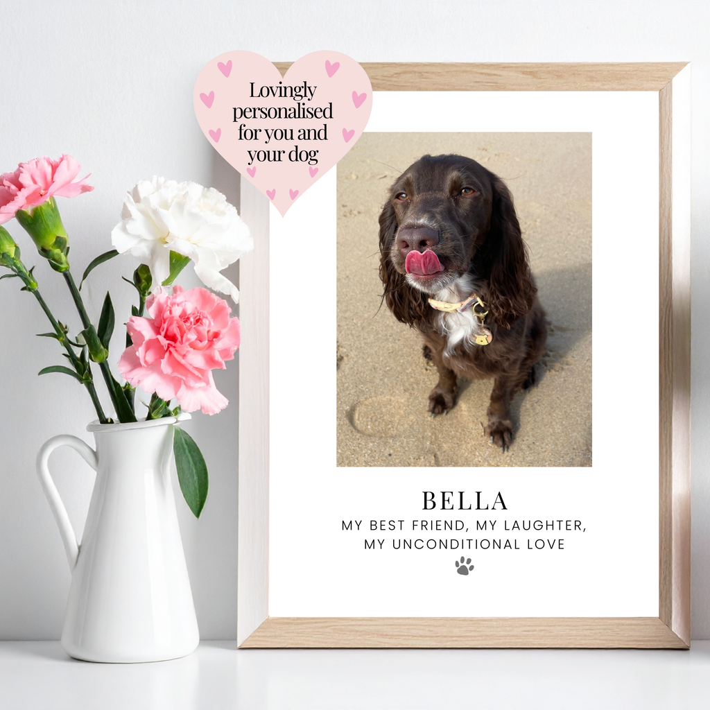 Personalised dog photo print with custom name and heartfelt quote. Lovingly personalised gift for a dog mum.