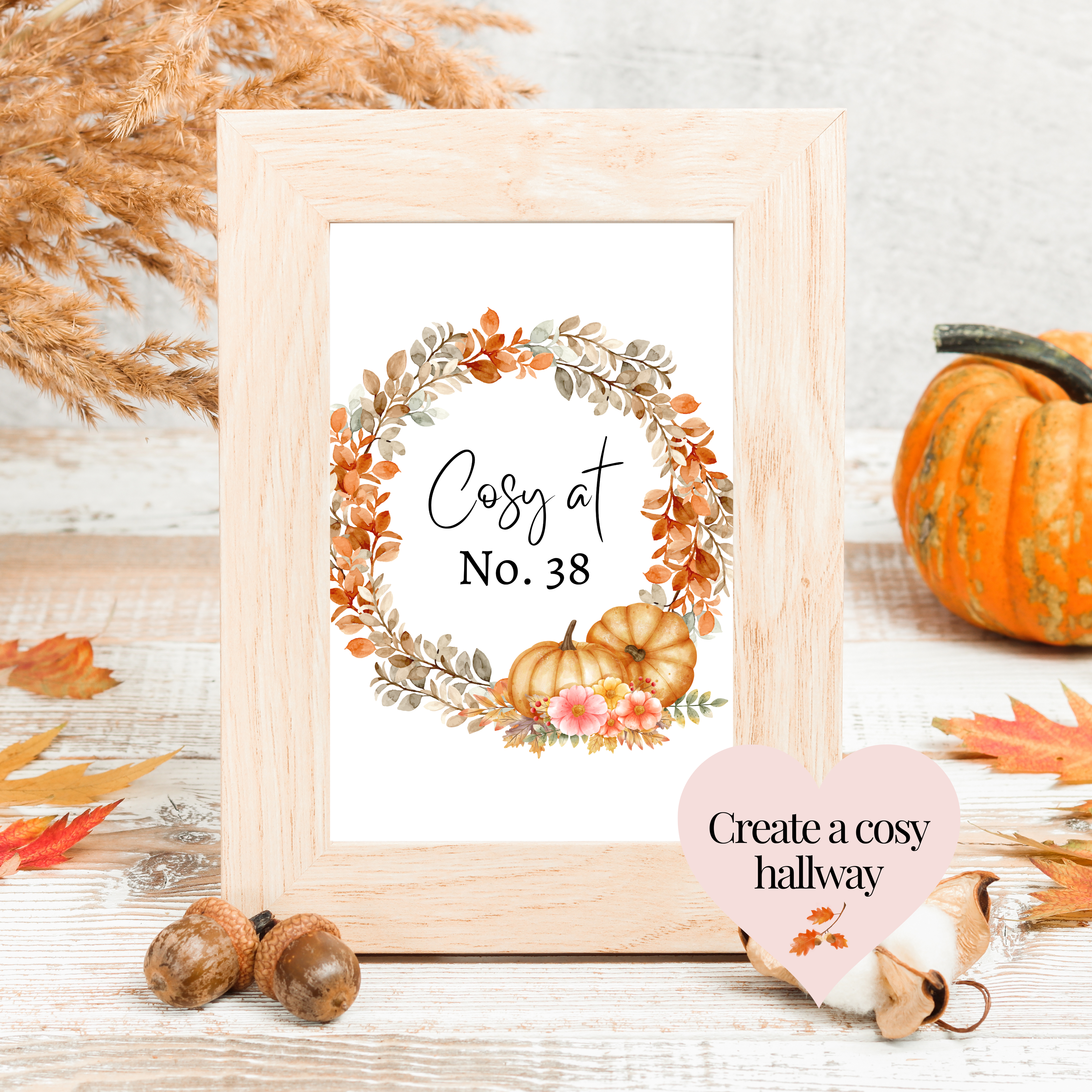 Personalised cosy autumn print featuring house number inside an autumn wreath for seasonal home decor.