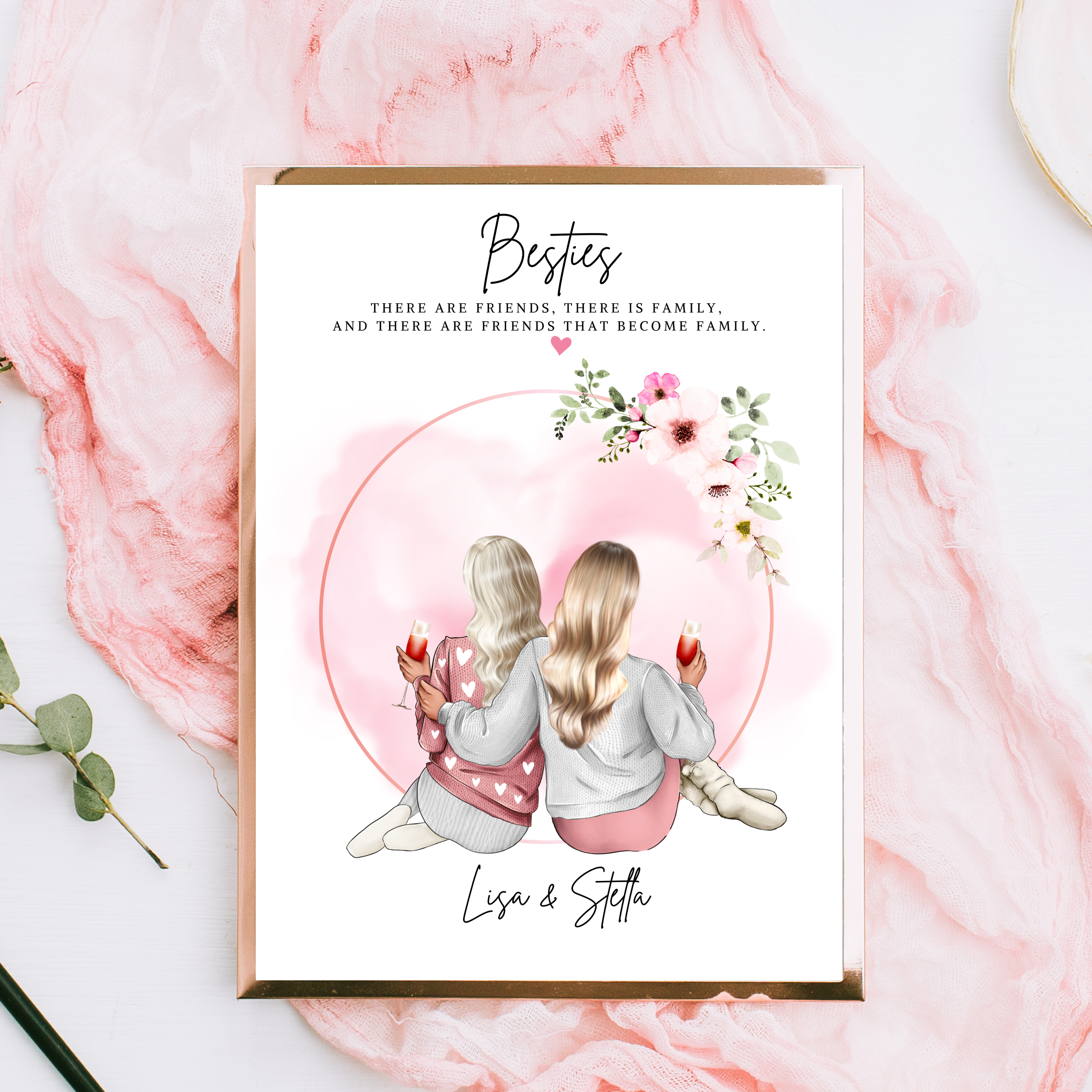 A personalised best friend print featuring an illustration of two women sitting together and the text 'Besties' with custom outfits, hairstyles, drinks and names. Custom friends print.
