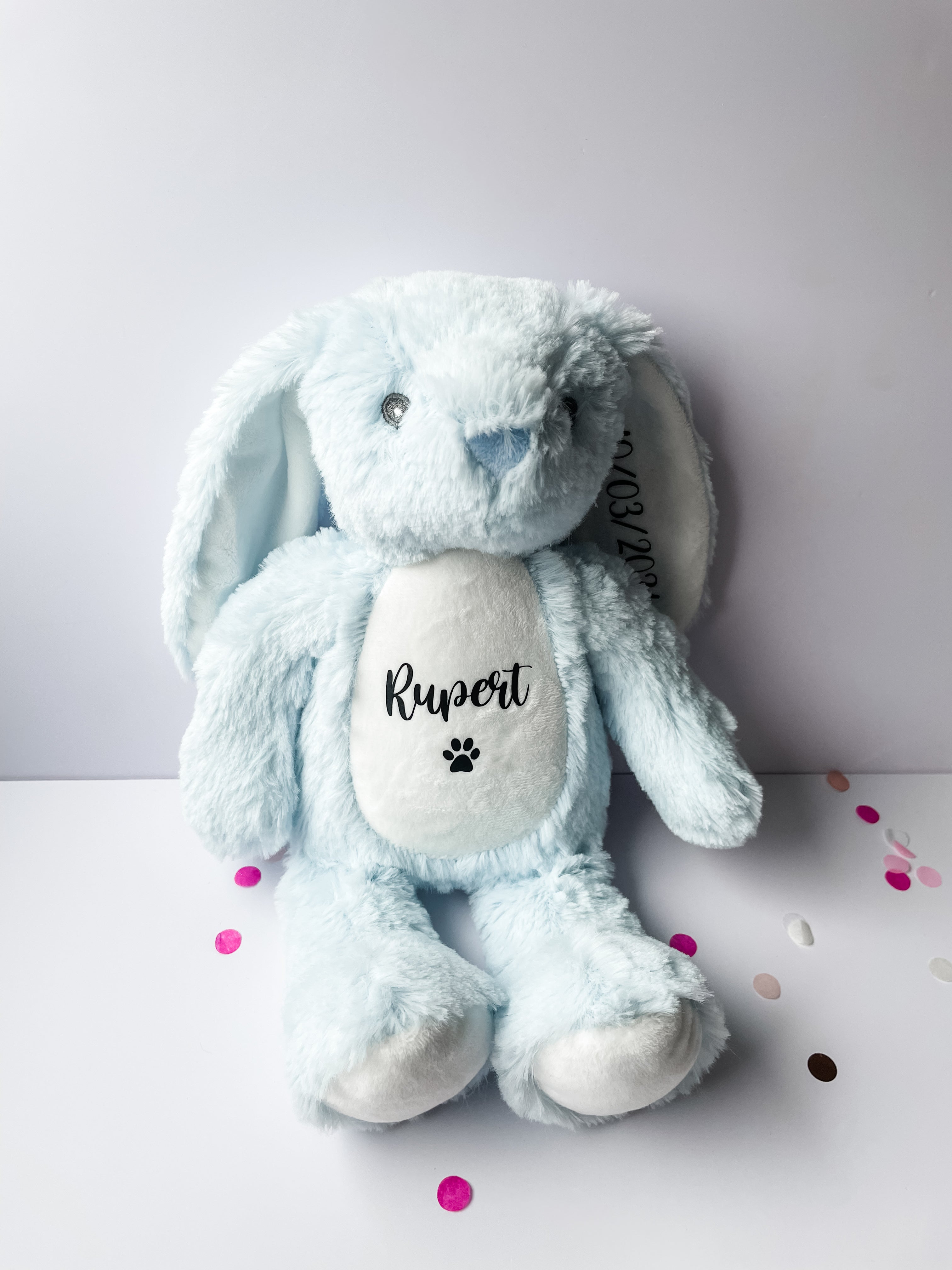 Blue personalised bunny birthday toy customised with dog's name in a home setting.