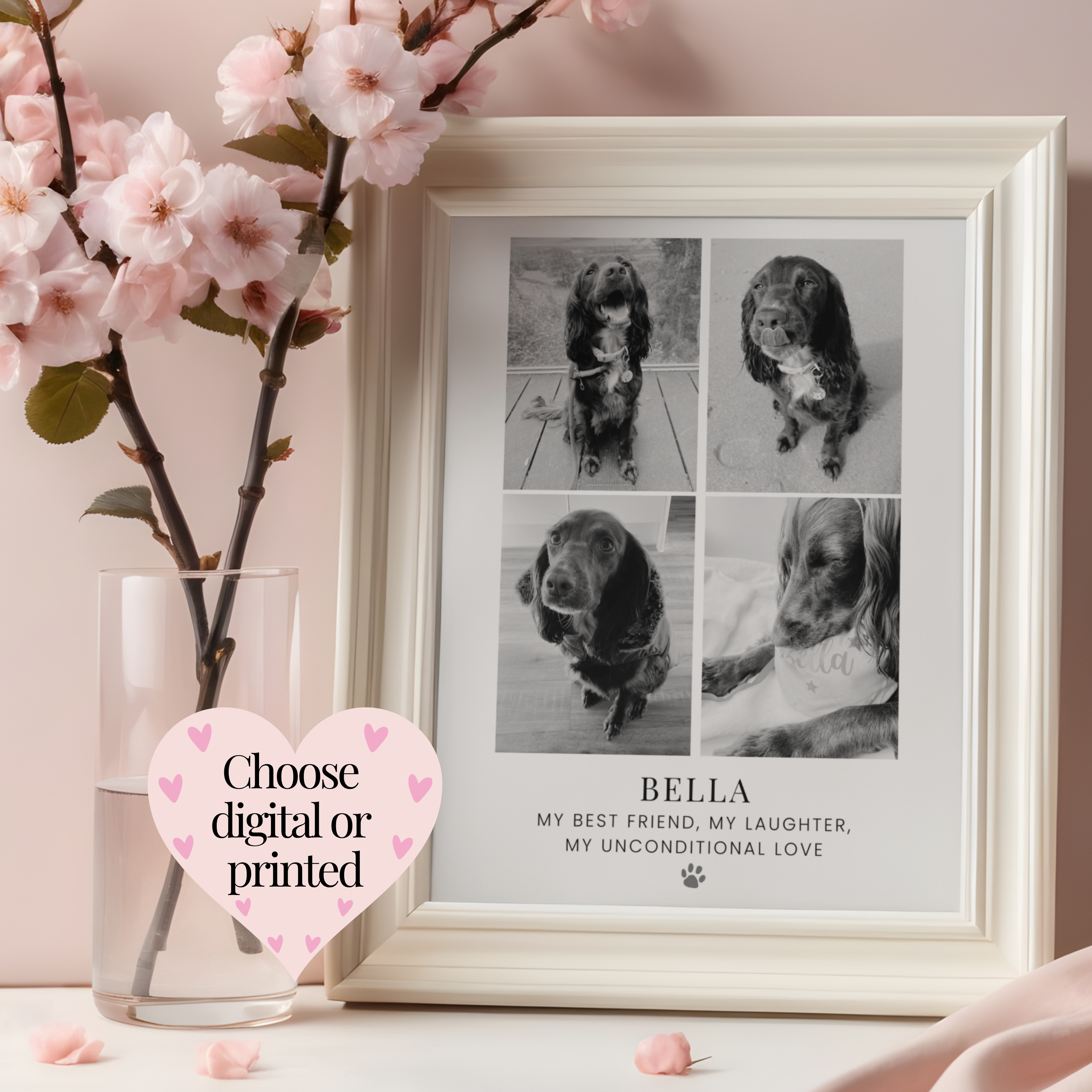 Framed personalised dog photo print available as an emailed version or professionally printed artwork. Dog lover gift.