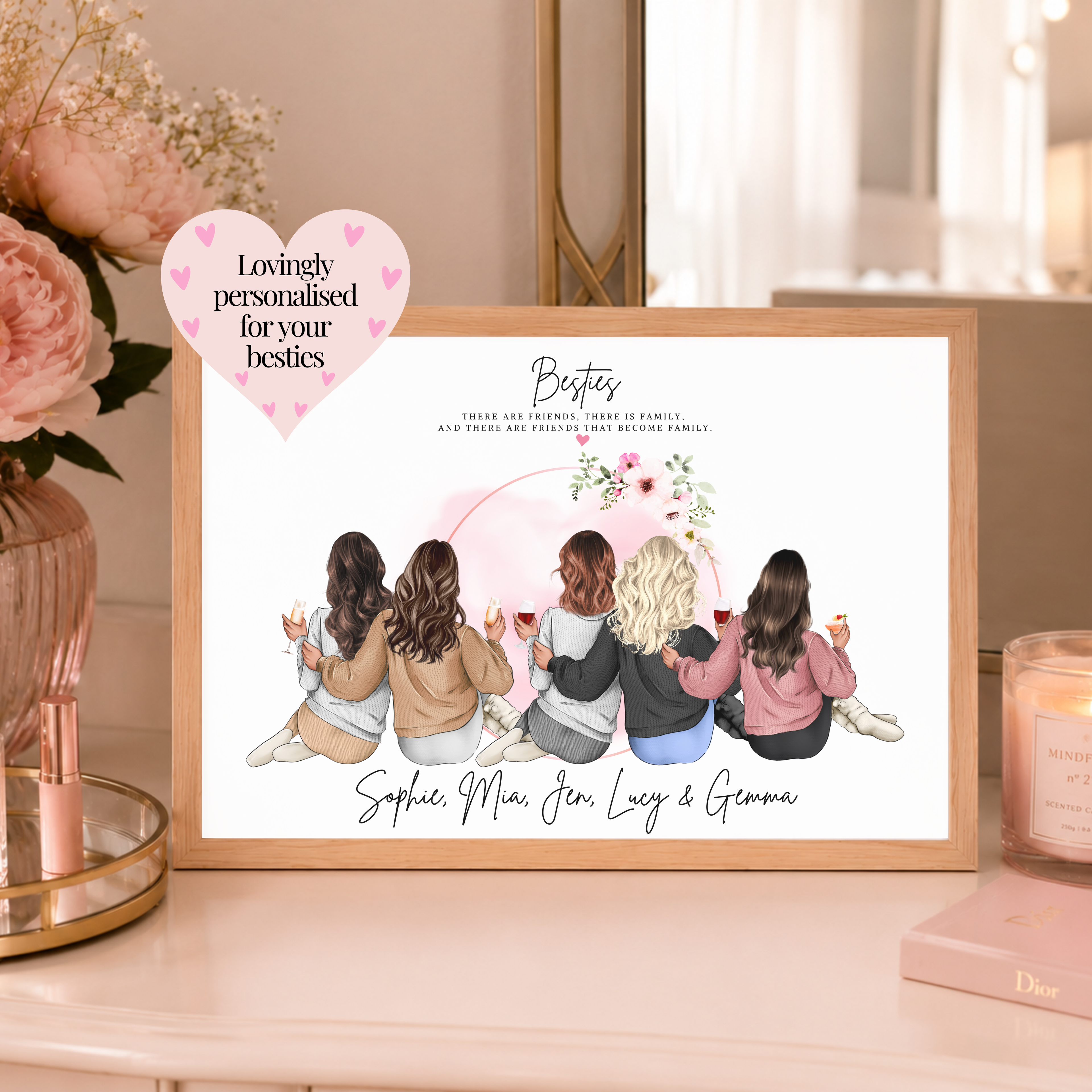 A personalised framed best friend art print featuring an illustration of five women from behind holding wine glasses with custom outfits and names. Personalised friend group print.