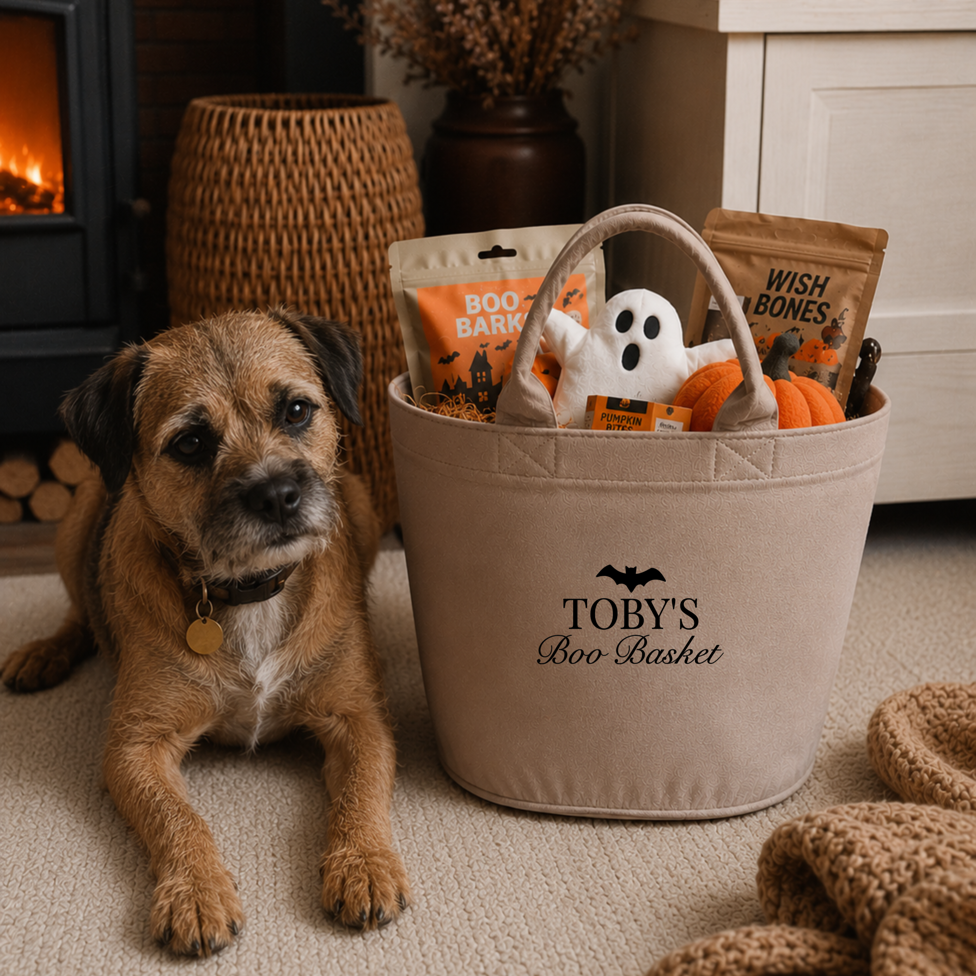 Personalised Halloween dog basket beside a dog in a cosy autumn home, custom dog boo basket with dog's name, autumn dog gift for toys and treats.