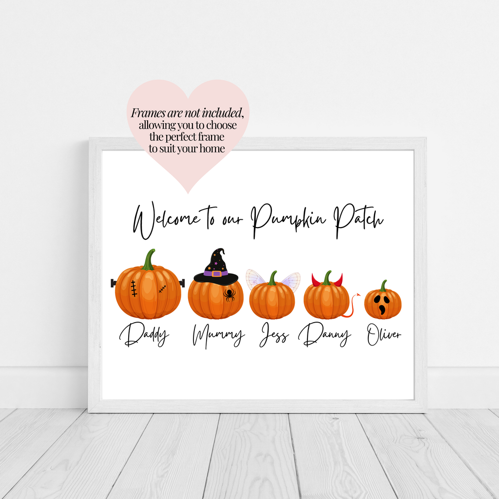Personalised family pumpkin patch print shown in frame for display inspiration. Frames are not included so you can choose the perfect cosy frame for your autumn decor. Custom made autumn print.