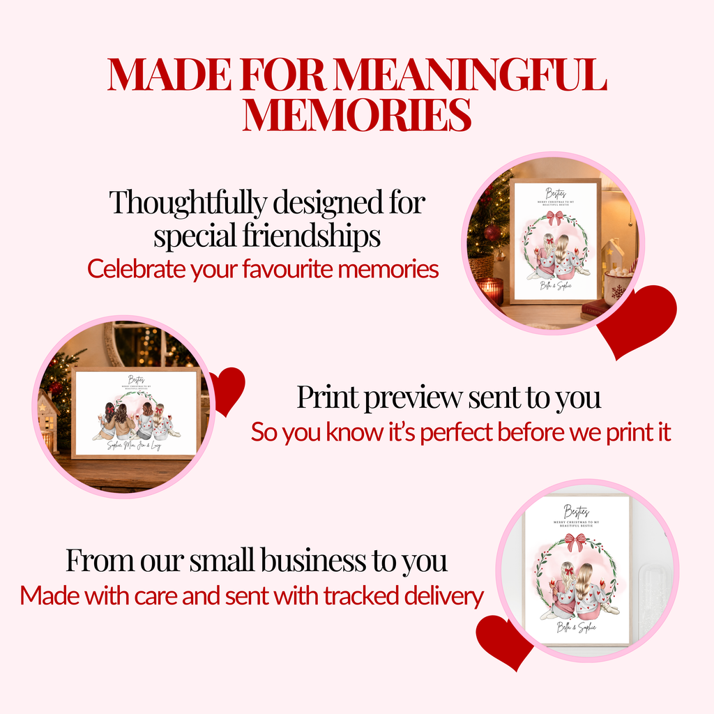 Personalised Christmas print includes a complimentary print preview and free tracked delivery. Custom made festive best friend print.