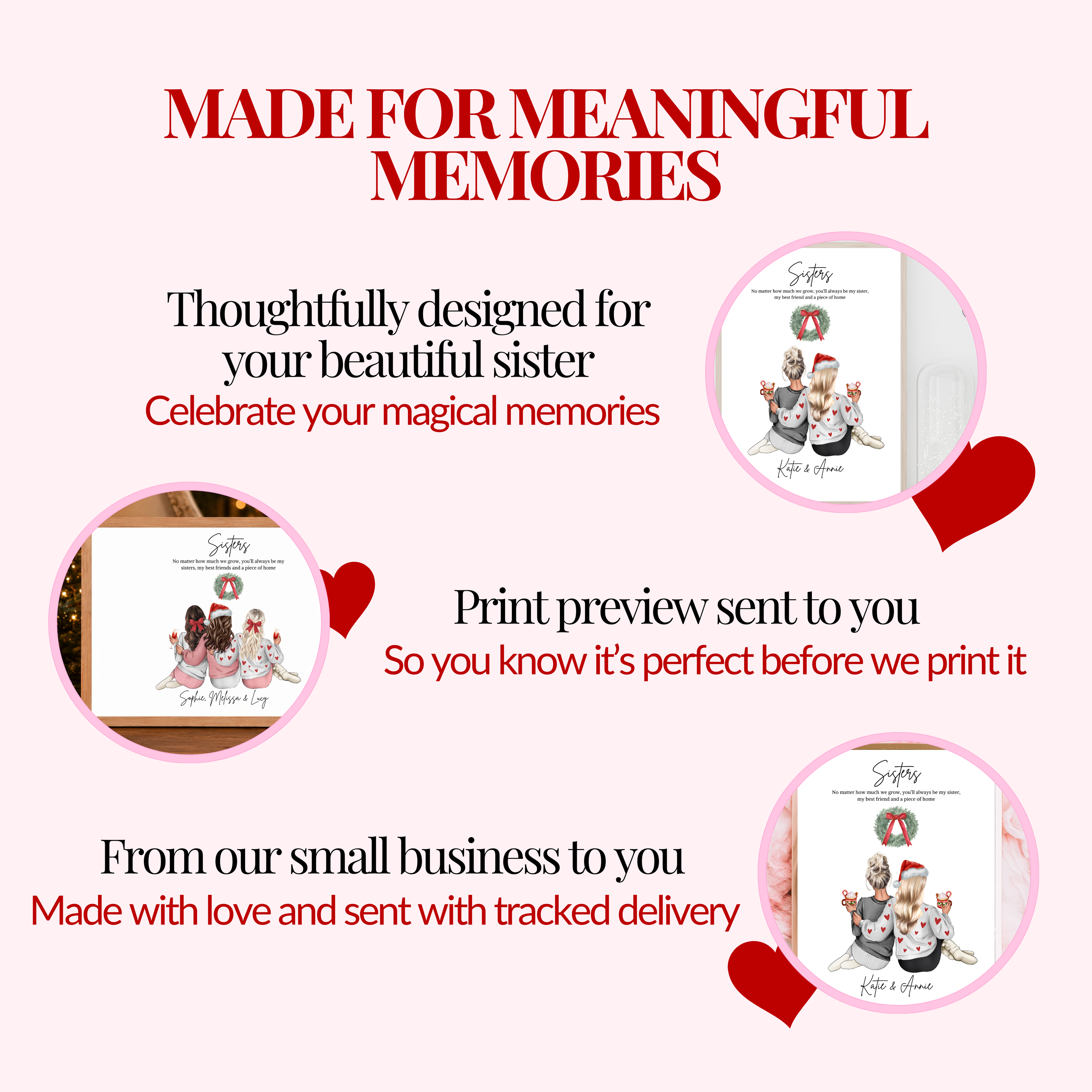 Personalised Christmas print includes a complimentary print preview and free tracked delivery. Custom made festive sisters print.