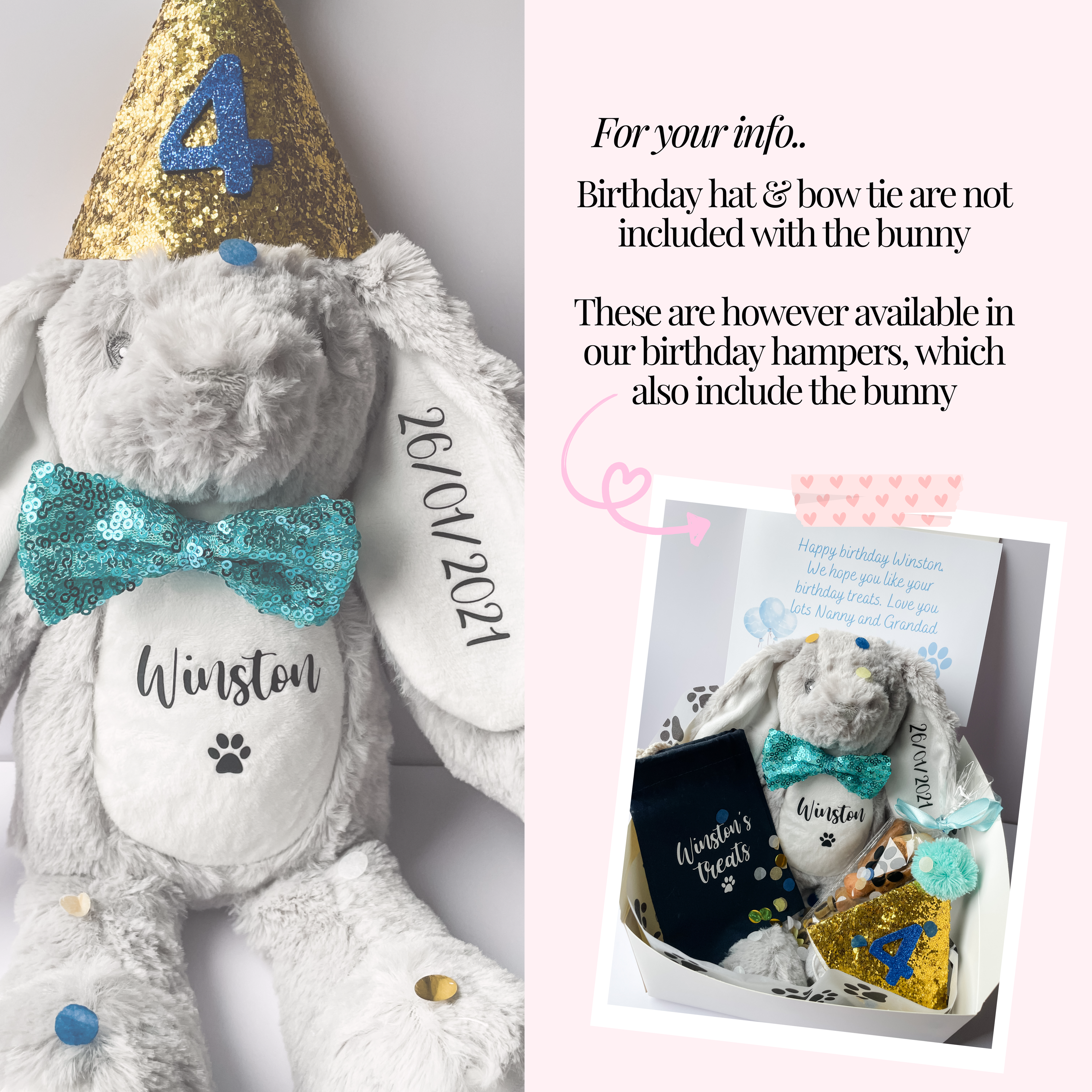 Personalised birthday bunny showing optional birthday hat and bow tie included with personalised dog birthday hamper.