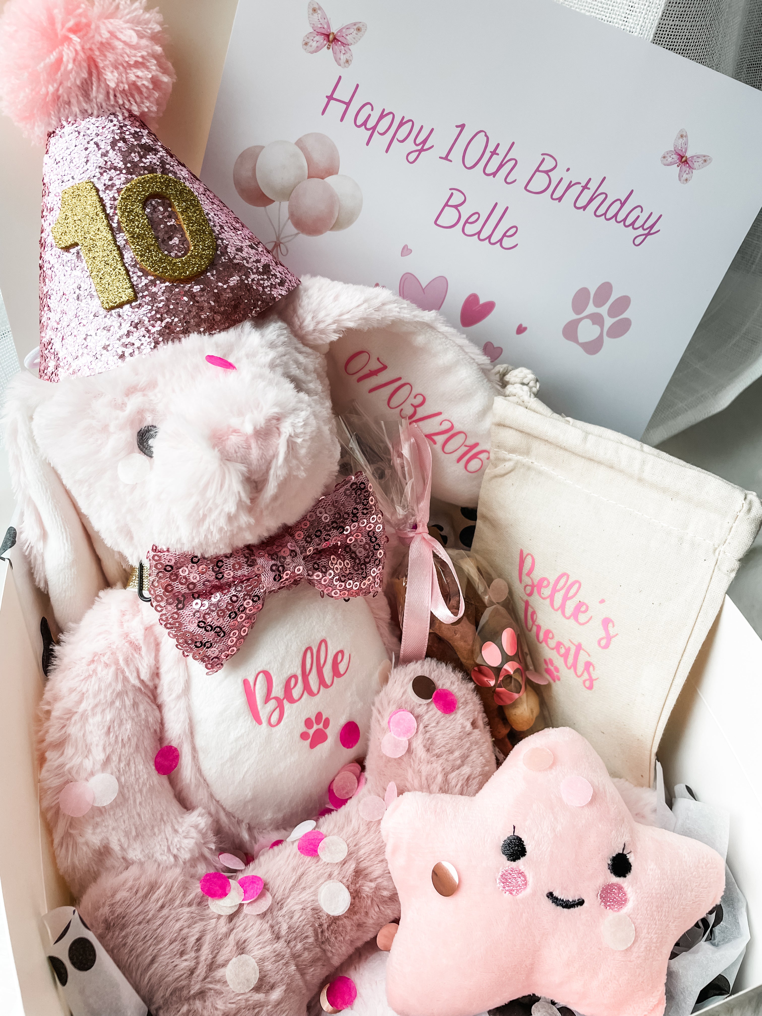 Personalised deluxe dog birthday gift box with personalised bunny toy, plush bone and star toy, birthday treat bag and treats. Custom dog gift.