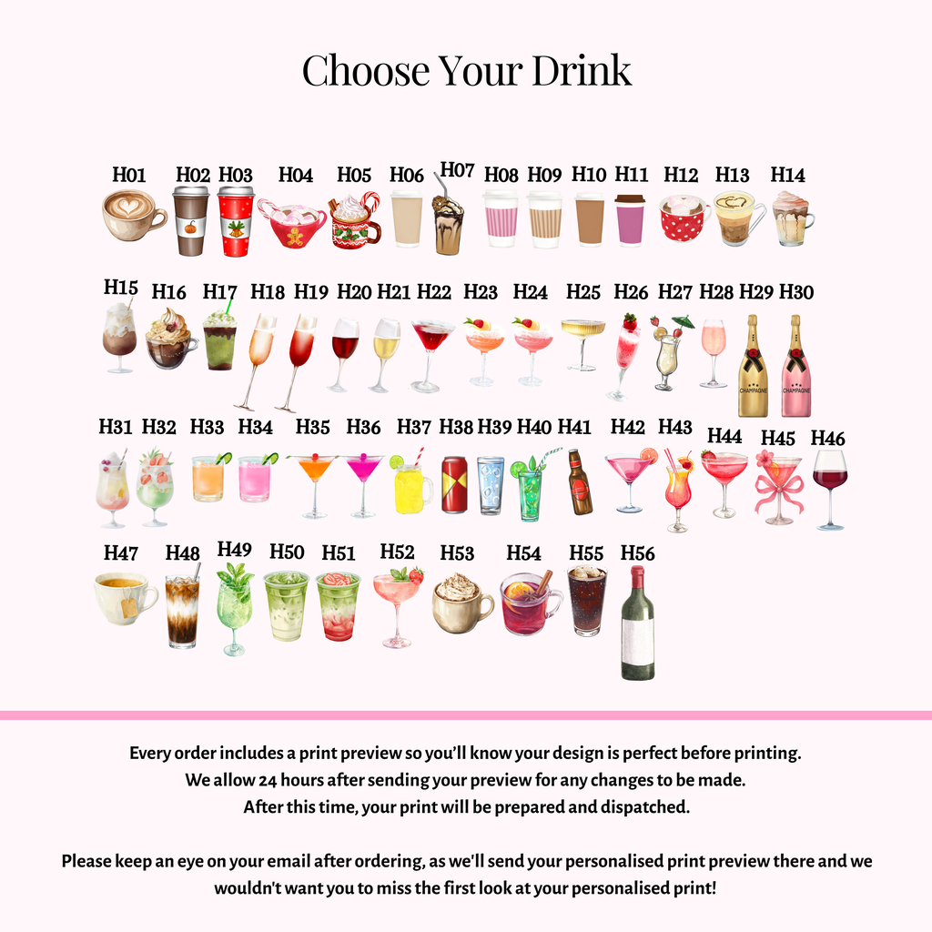 Drink options for your personalised best friend print, allowing every bestie to be uniquely customised.