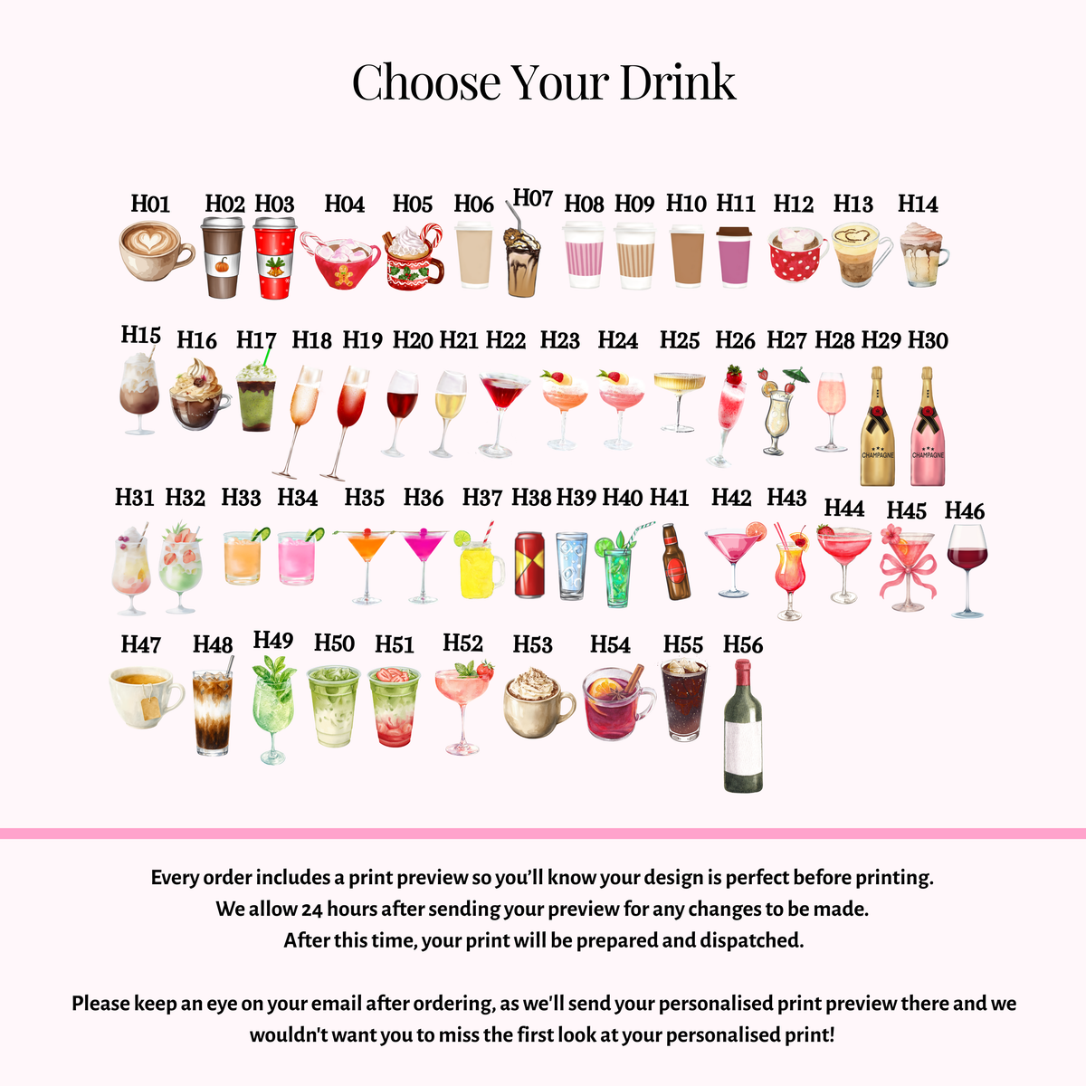 Drink options for your personalised best friend print, allowing every bestie to be uniquely customised.