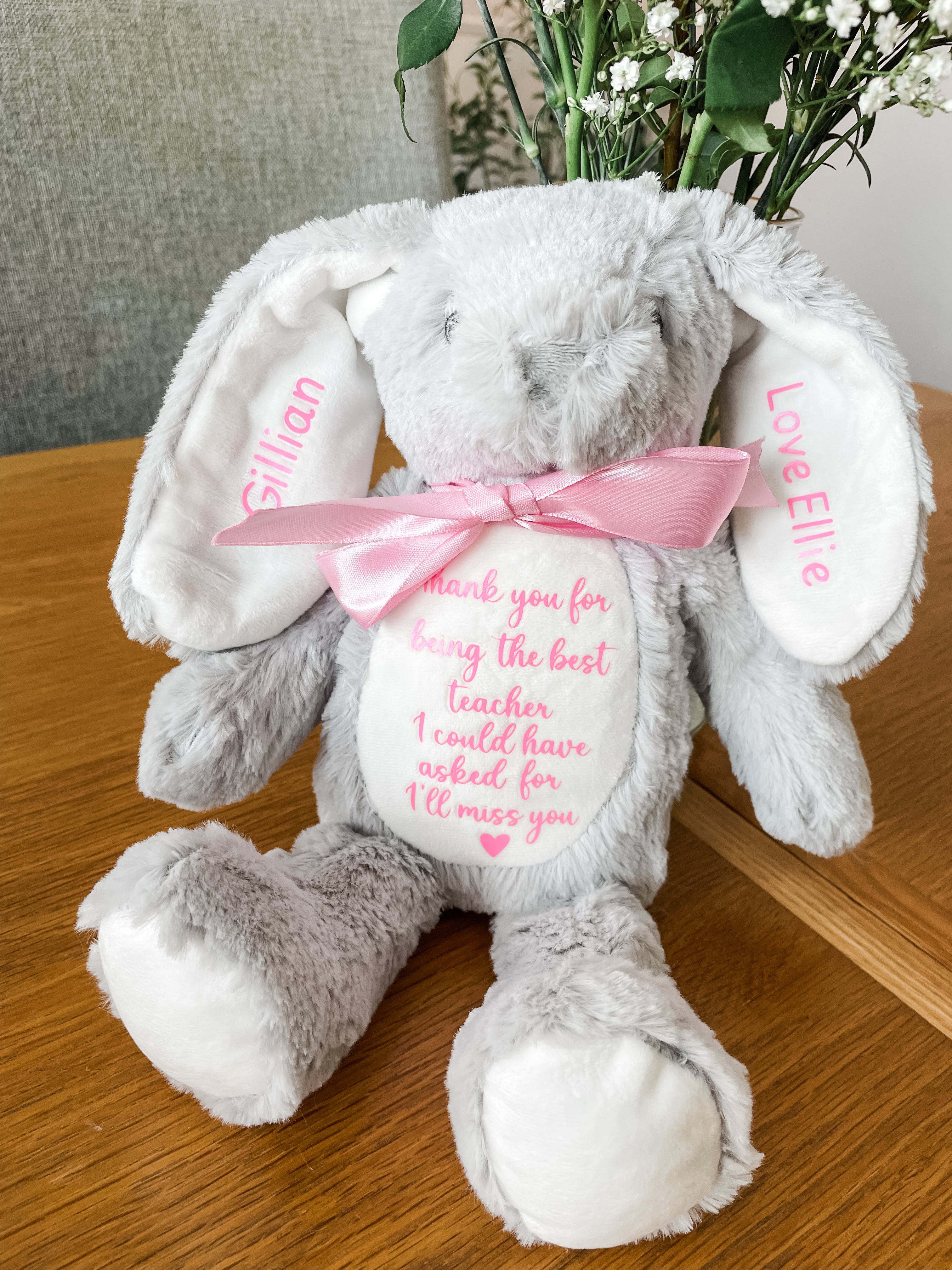 Personalised teacher gift to say thank you for being the world's best teacher. Grey plush bunny with custom message, teacher name and love from student name.