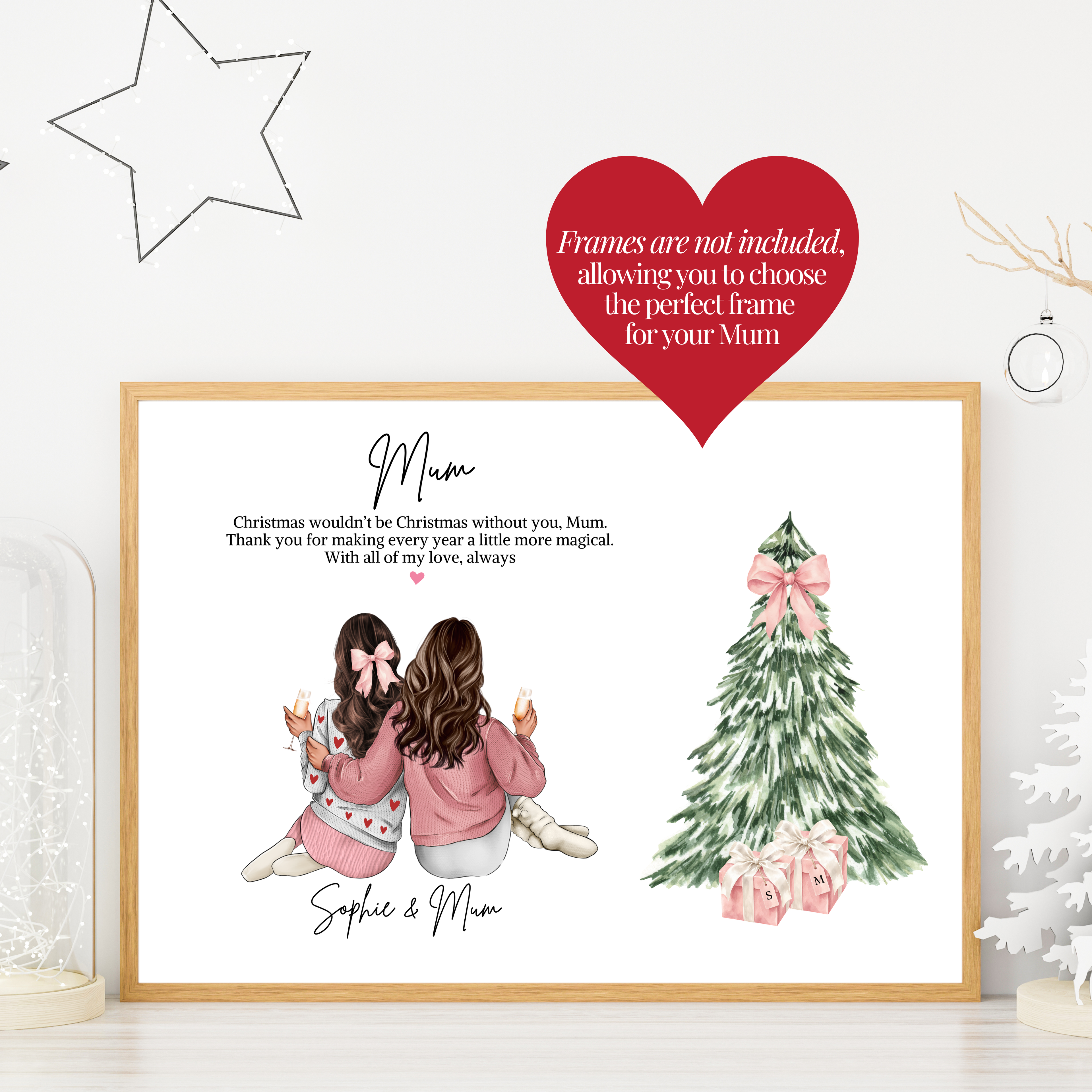 Personalised Christmas mum and daughter print shown in frame mockup, custom mum and daughter gift, frame not included.