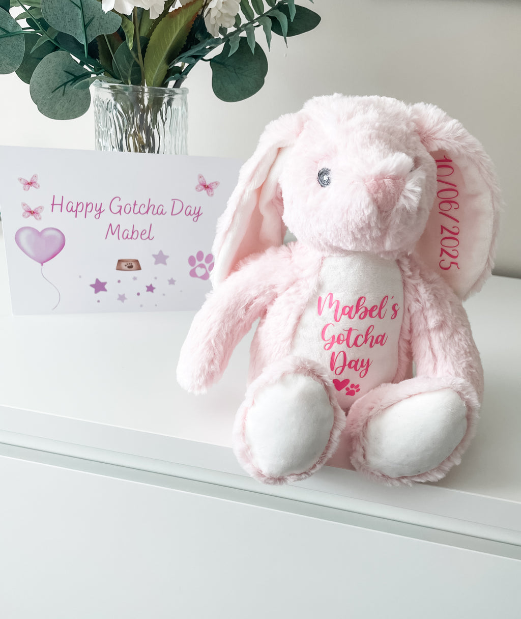 Personalised bunny Gotcha Day toy displayed with Happy Gotcha Day card, personalised new puppy gift.