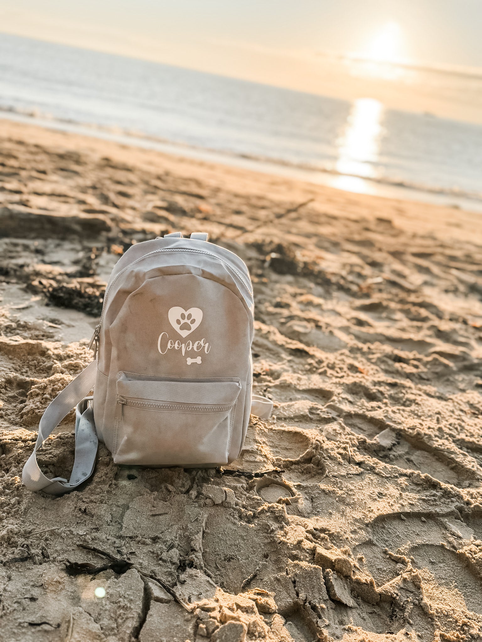 Grey personalised dog backpack displayed on the beach, perfect for carrying dog walking essentials.