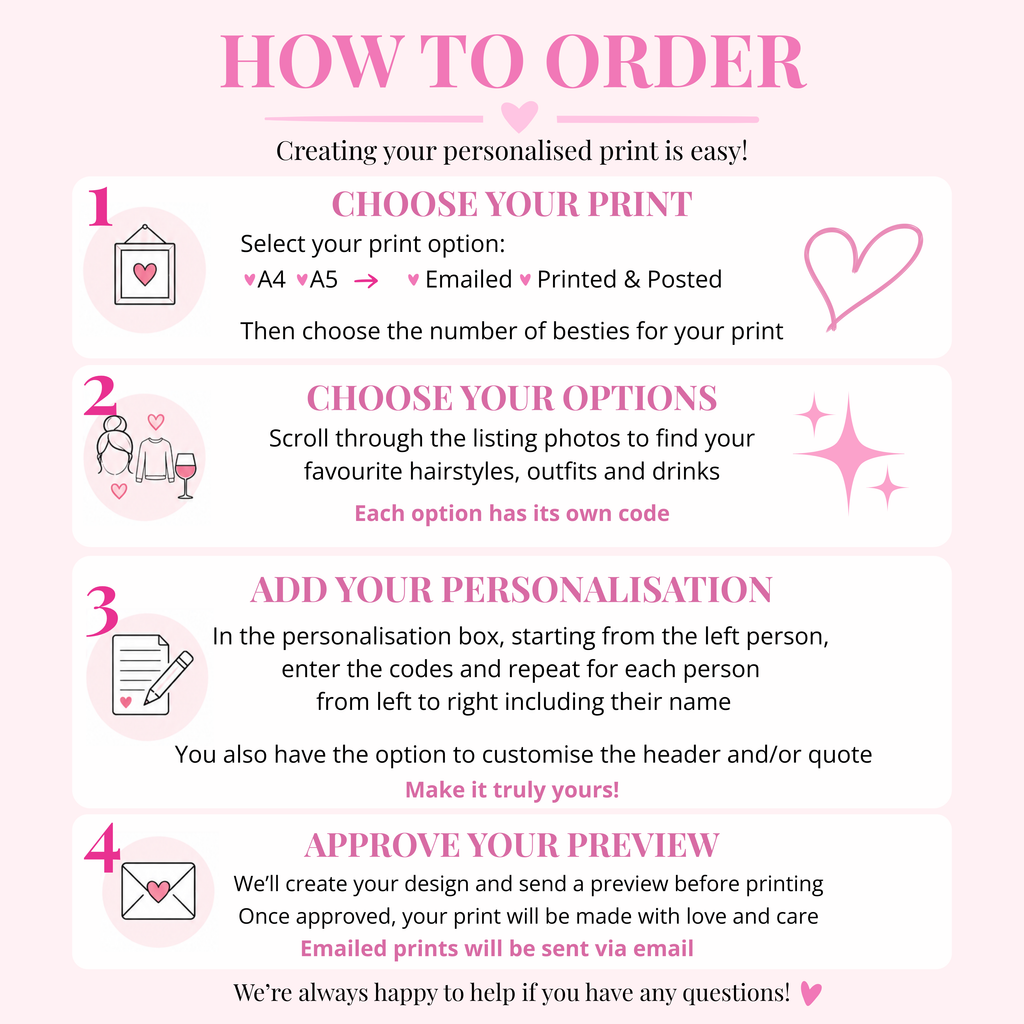 How to personalise your best friend print by choosing hairstyles, outfits, drinks and names for each bestie.