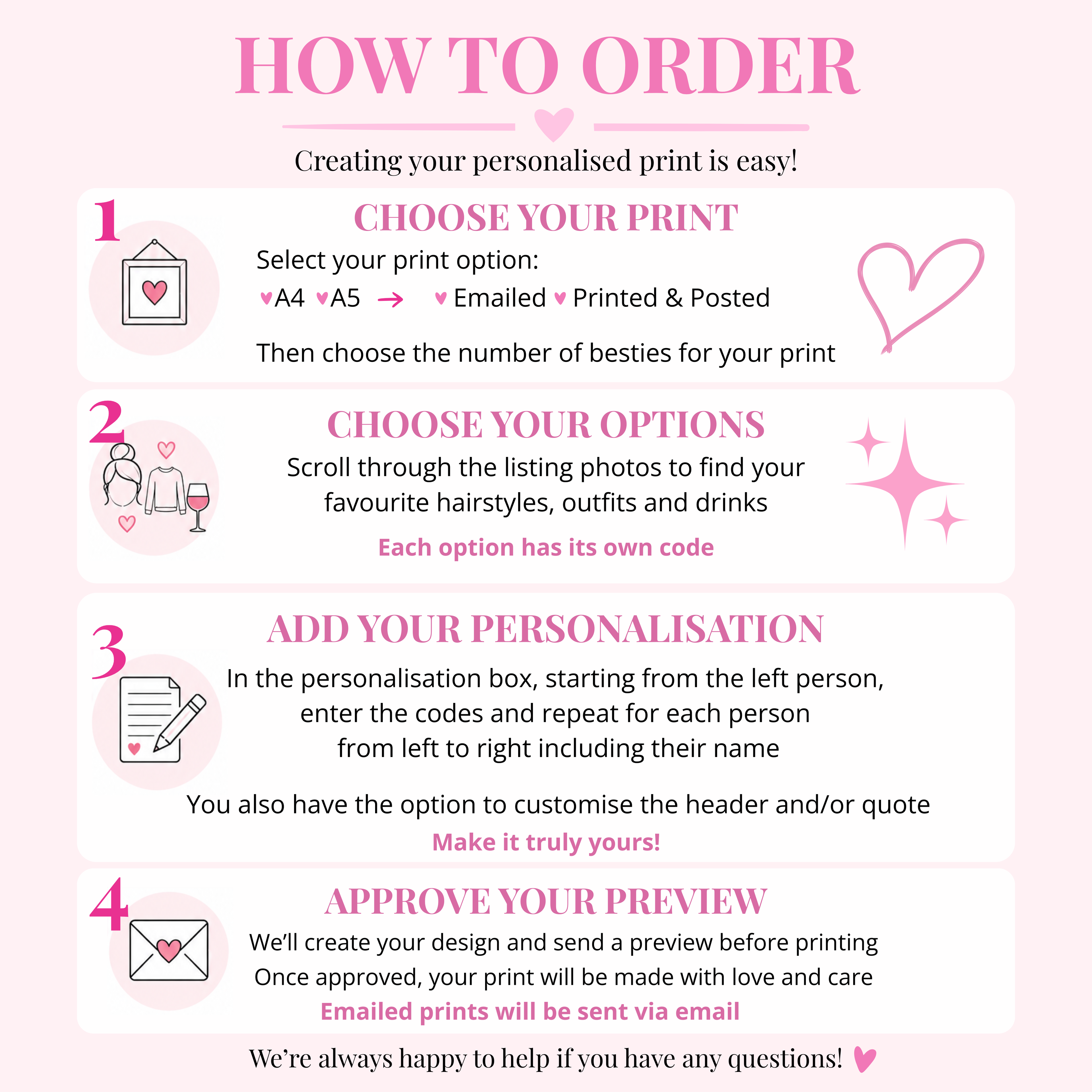 How to personalise your best friend print by choosing hairstyles, outfits, drinks and names for each bestie.