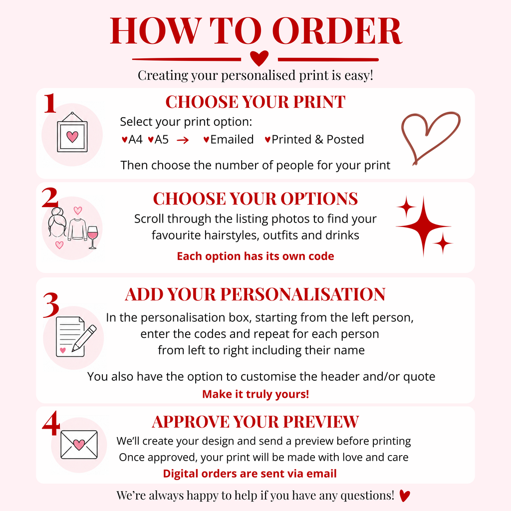 How to order personalised Christmas mother and daughter print, custom mum gift, personalised names, hairstyles and outfit options.