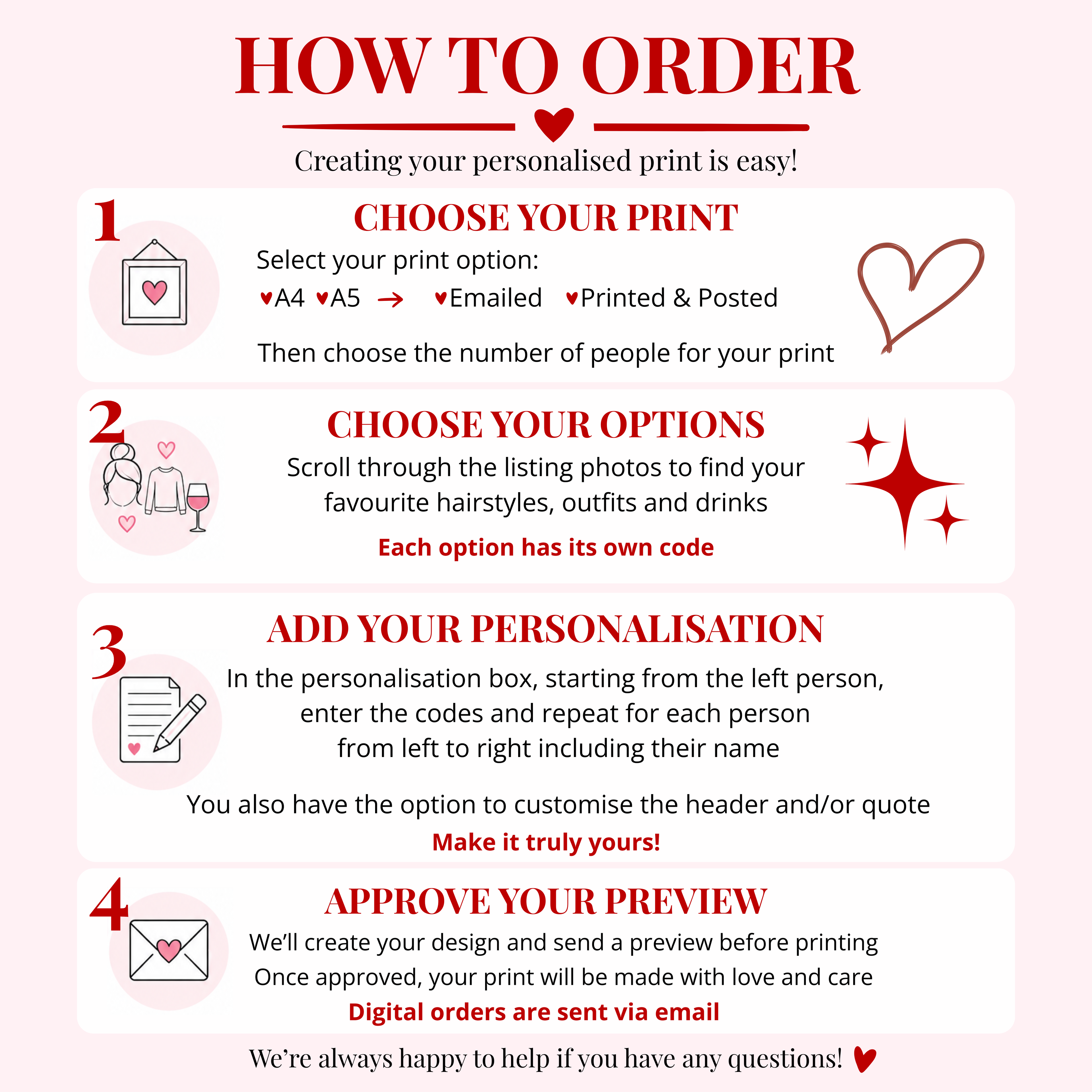 How to order personalised Christmas mother and daughter print, custom mum gift, personalised names, hairstyles and outfit options.