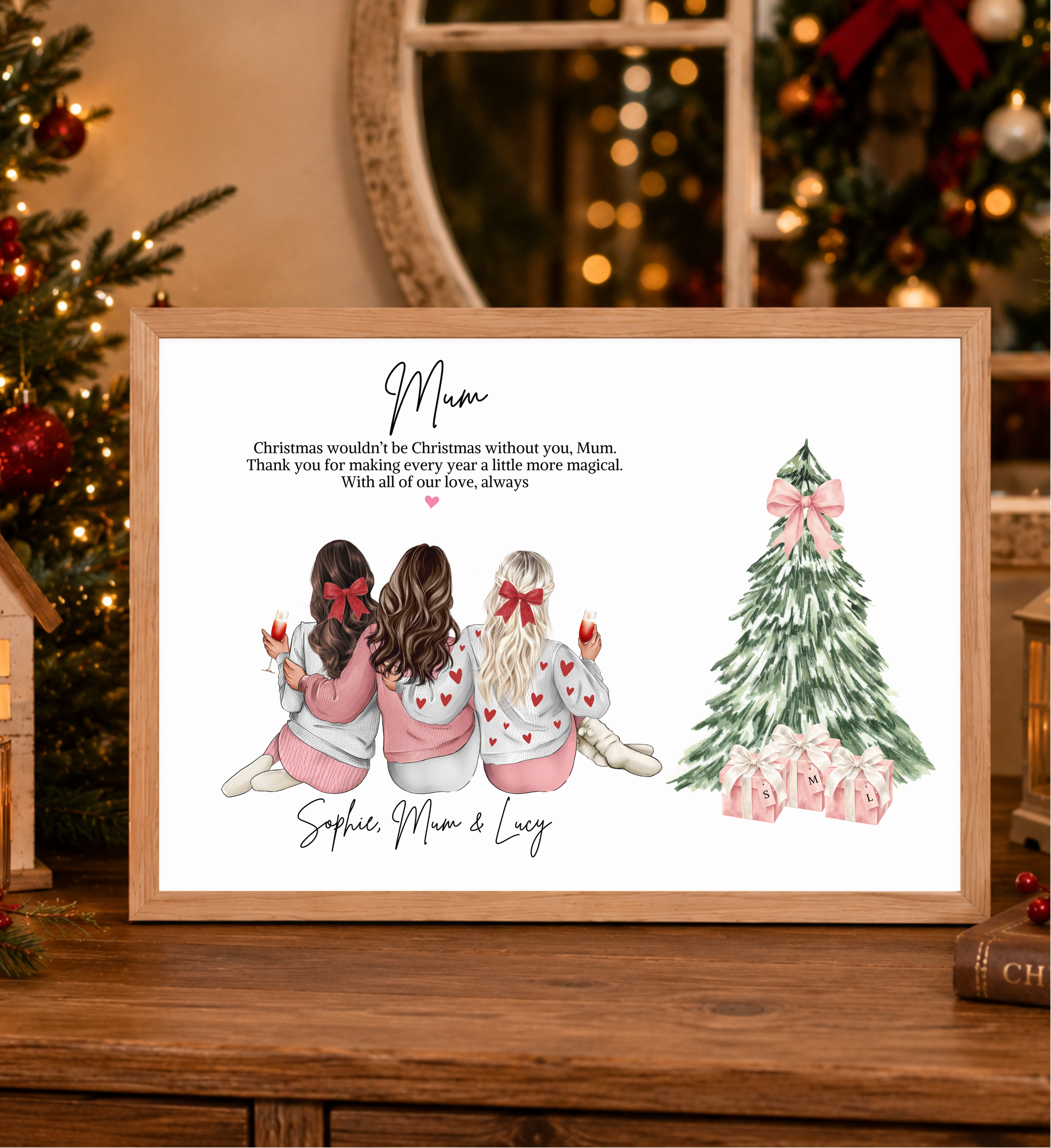 Personalised Christmas mum and daughter print featuring two daughters, custom mum gift, Christmas gift for mum, festive family wall art.