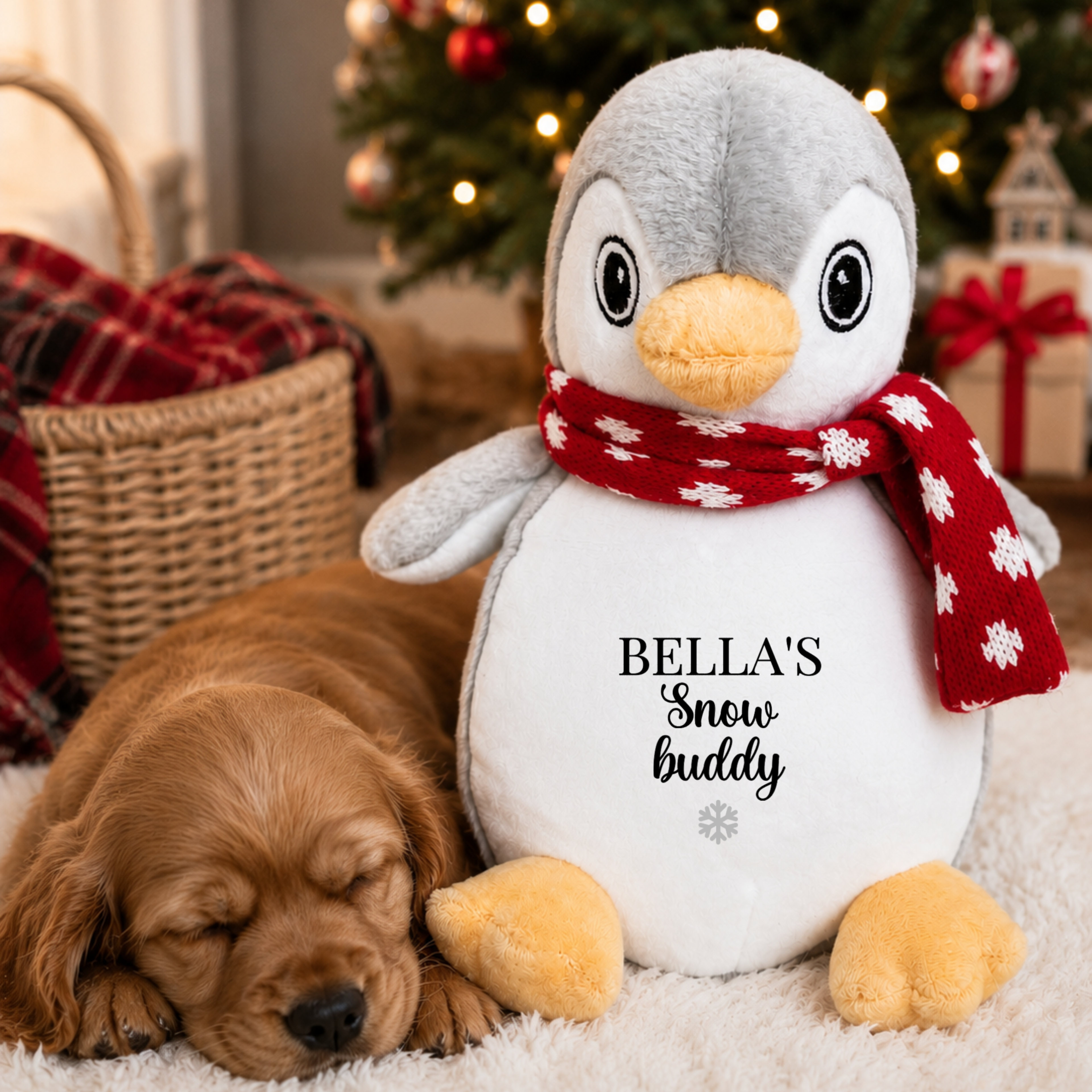 Sleeping puppy cuddling a personalised Christmas penguin dog toy in a cosy festive home. Personalised Christmas gift for dogs and puppies.