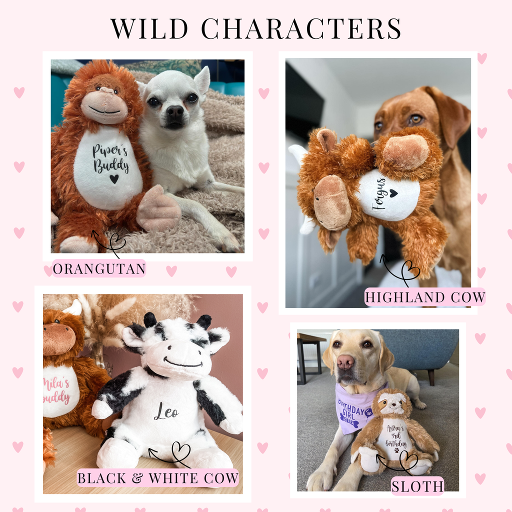 A collage showing four animal toys with dogs interacting with them. A custom plush orangutan, sloth, highland cow and black and white cow. Each toy personalised with custom text.