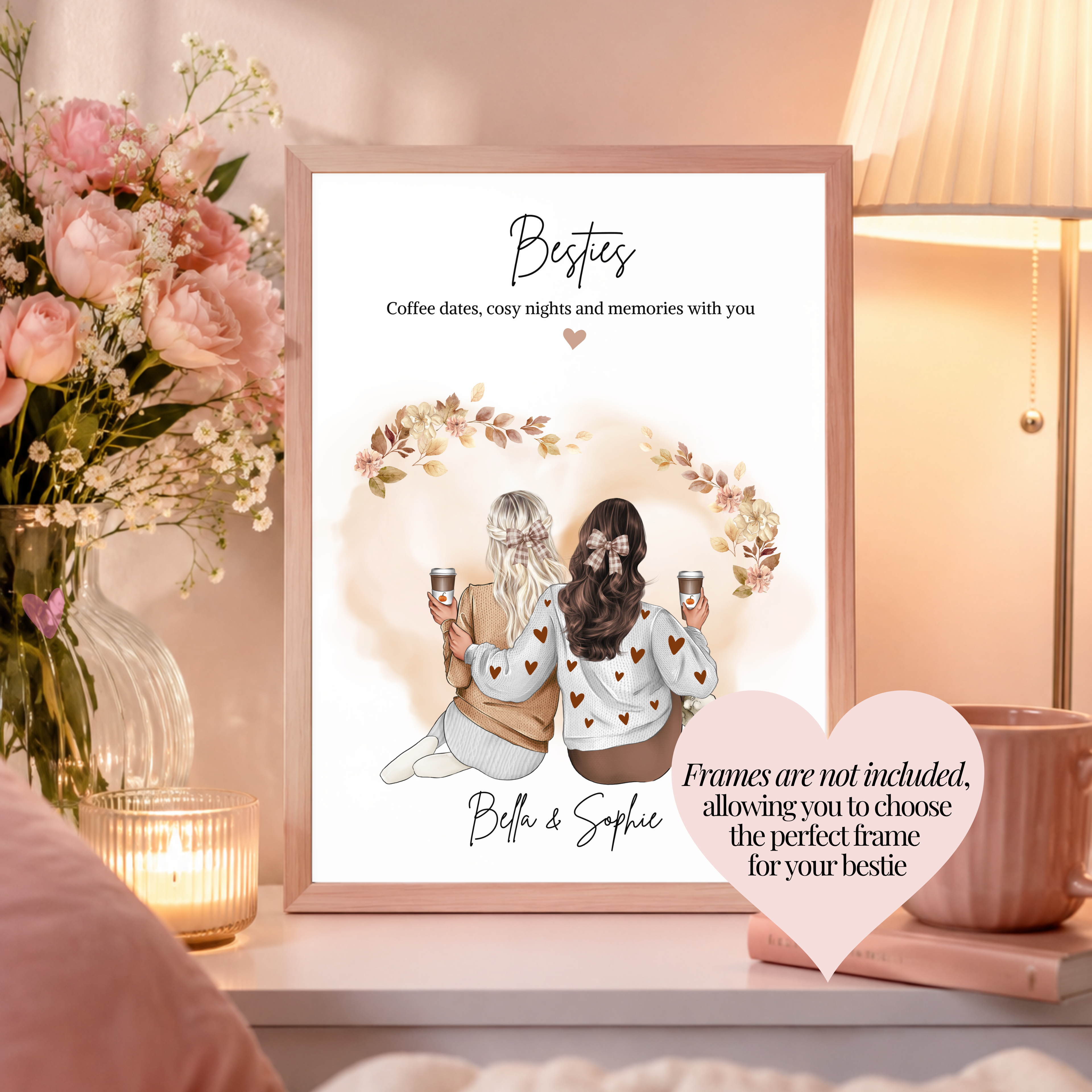 Personalised autumn best friend print displayed in a frame. Frame not included so you can choose the perfect one for your cosy home or autumn-loving bestie.