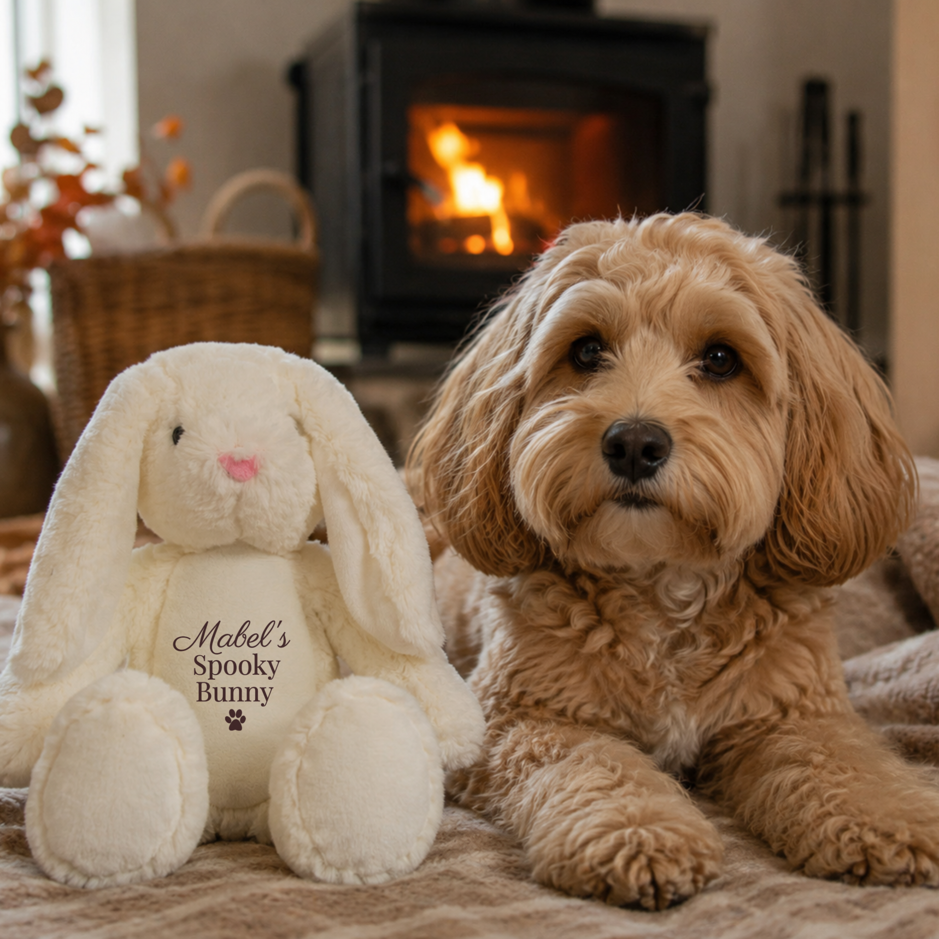 Personalised white bunny dog toy with dog's name and spooky bunny design, custom Halloween dog toy beside a dog. Personalised dog autumn gift and puppy toy for spooky season.