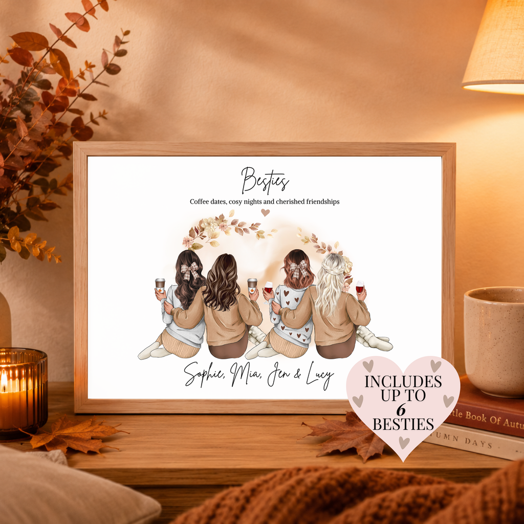 Personalised autumn friendship print available with up to six besties. A thoughtful personalised autumn gift and cosy keepsake for friends.