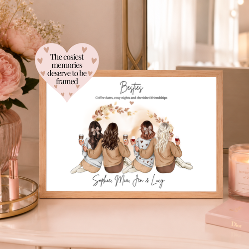 Personalised autumn best friend print featuring four besties with cosy jumpers, warm drinks and autumn colours. A thoughtful autumn gift for her.