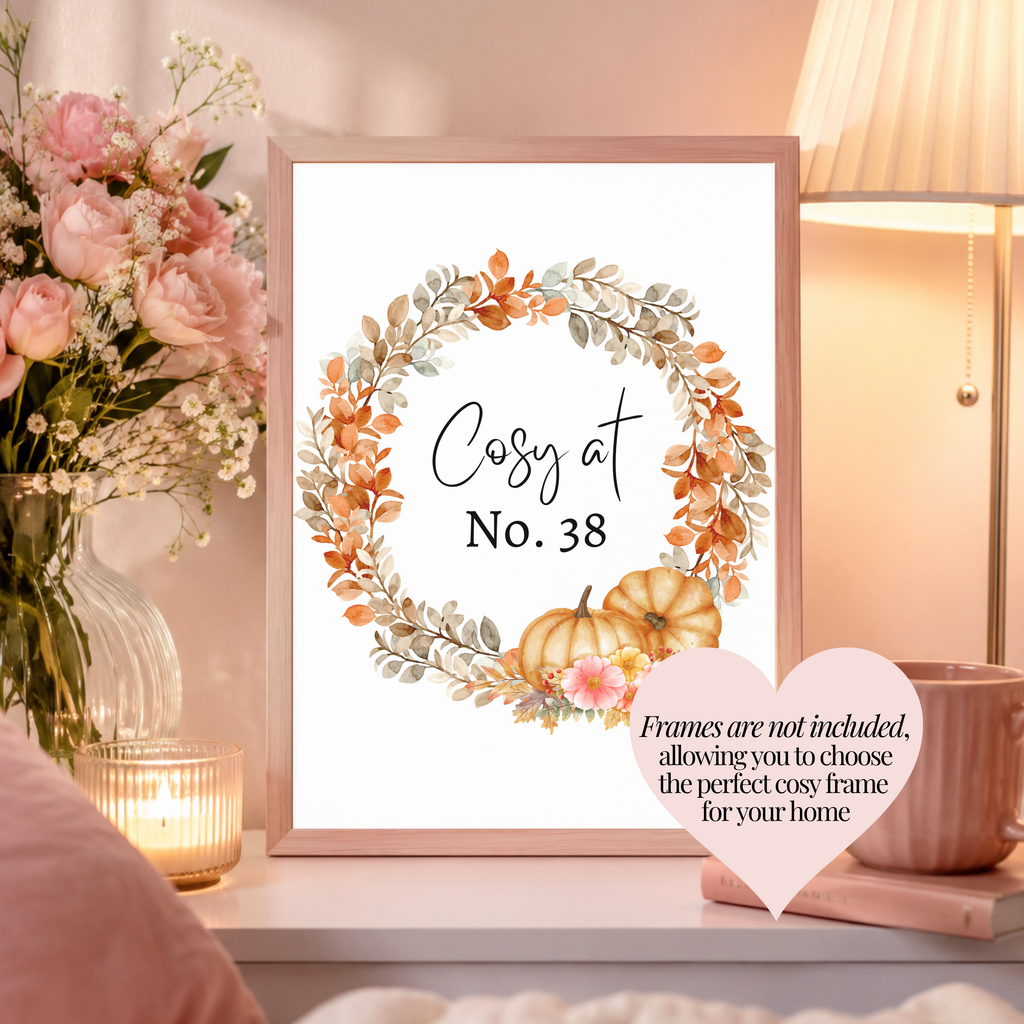 Personalised autumn wreath print shown in frame for inspiration. Frames not included so you can choose the perfect cosy frame for your home.