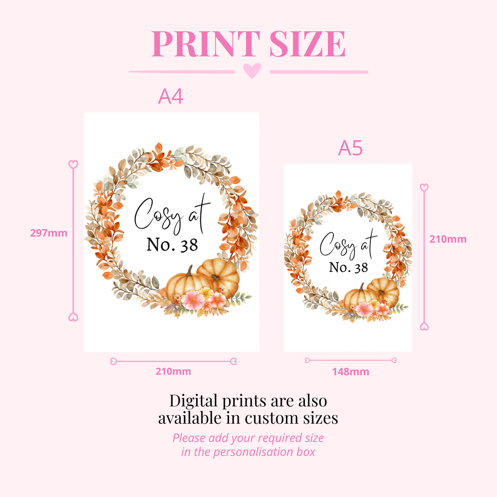 Personalised autumn house number print available in multiple sizes for cosy autumn home styling. Personalised cosy homeware.