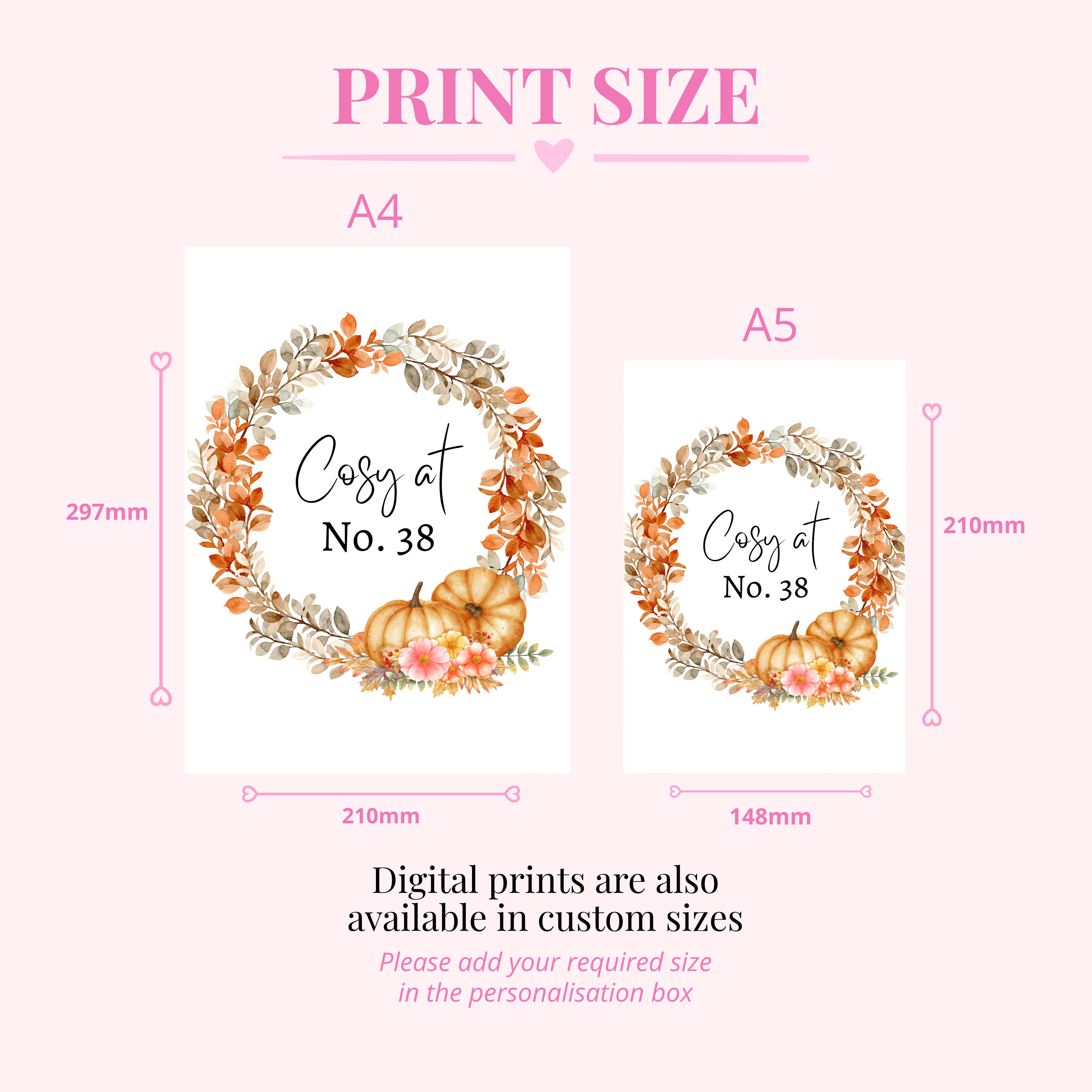 Personalised autumn house number print available in multiple sizes for cosy autumn home styling. Personalised cosy homeware.