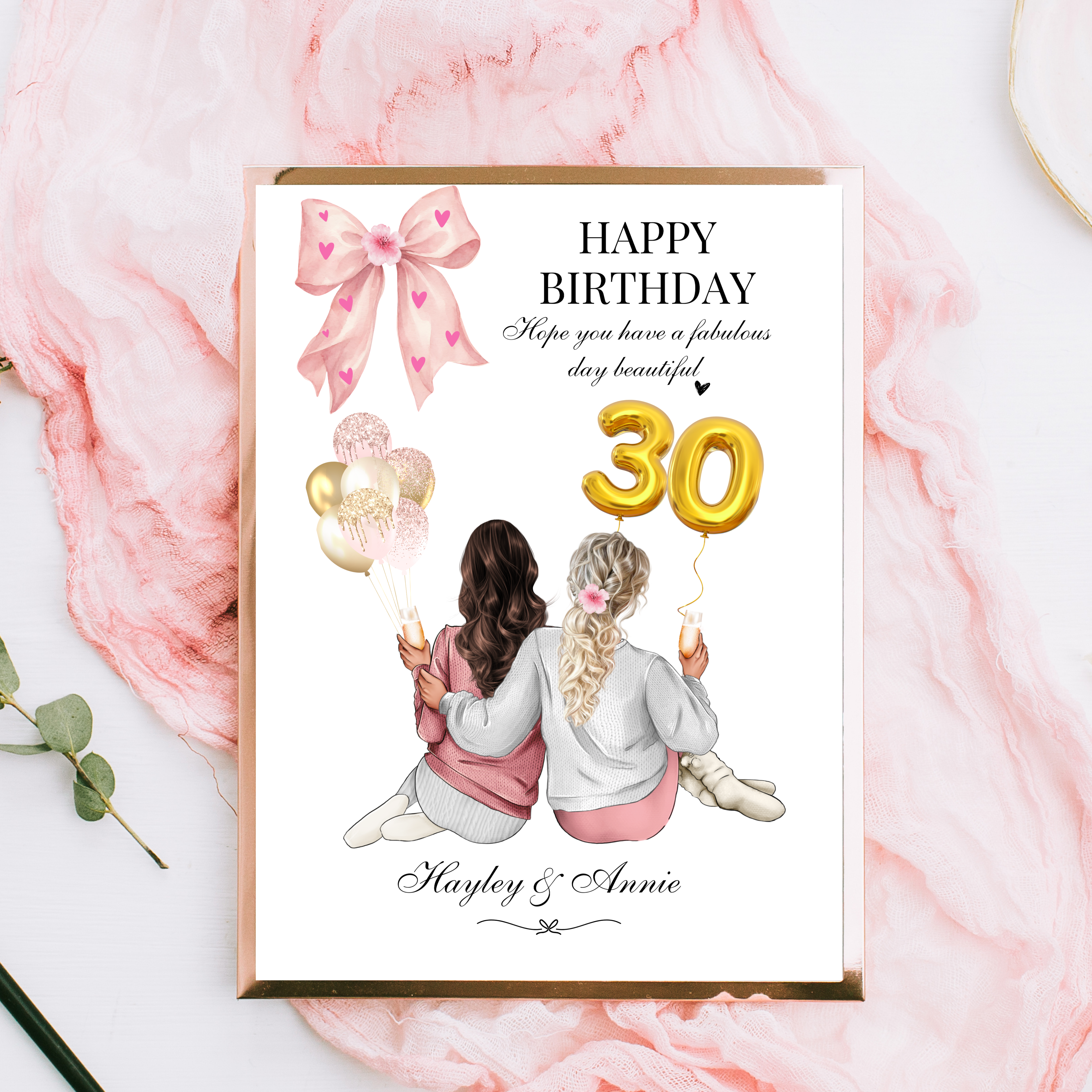 A personalised best friend birthday print featuring an illustration of two women sitting together and the text 'Happy Birthday' with custom outfits, hairstyles, drinks and age balloons. Custom best friend birthday print.