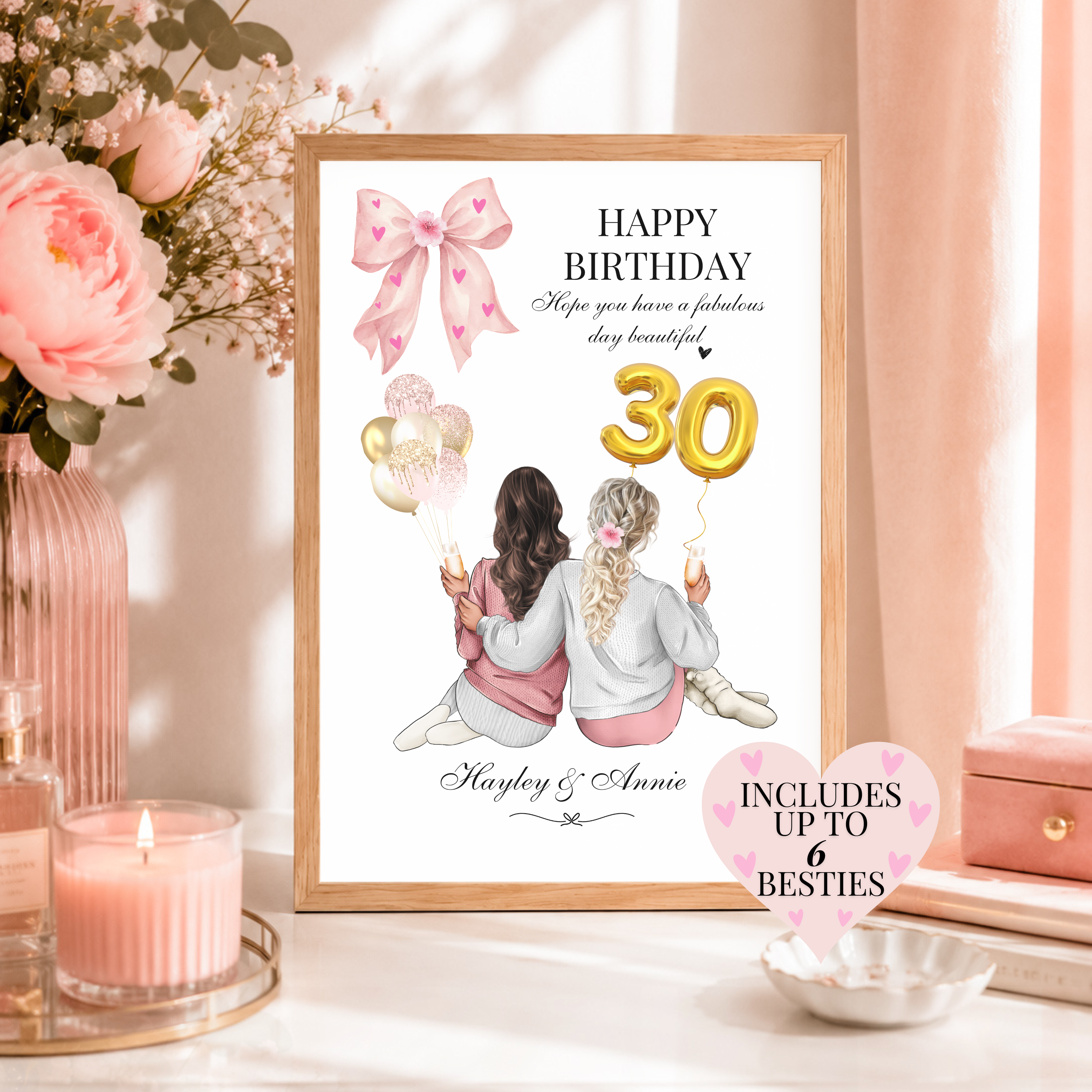 A personalised framed best friend birthday print featuring an illustration of two women from behind holding pink and gold balloons with custom outfits and names. Personalised birthday gift for her.