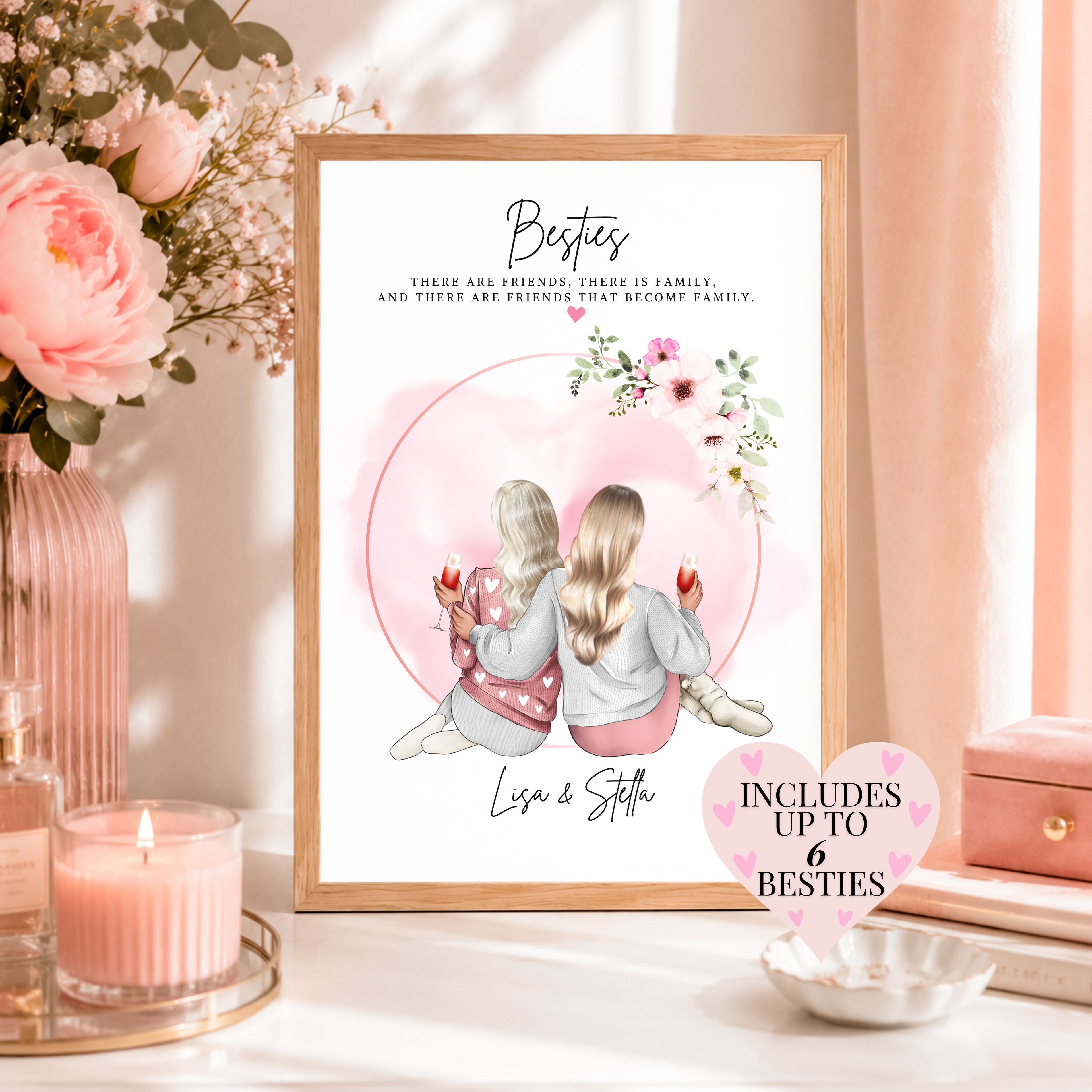 Personalised best friend print featuring two besties with custom hairstyles, outfits, drinks and names, including up to 6 besties. A thoughtful friendship group gift.