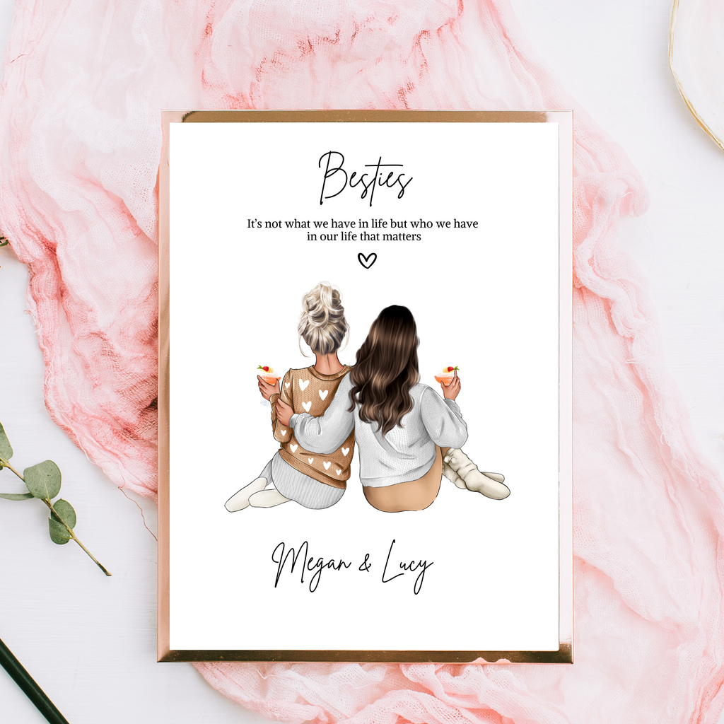 Personalised best friend print featuring two besties with custom hairstyles, outfits, drinks and names. A thoughtful friendship gift.