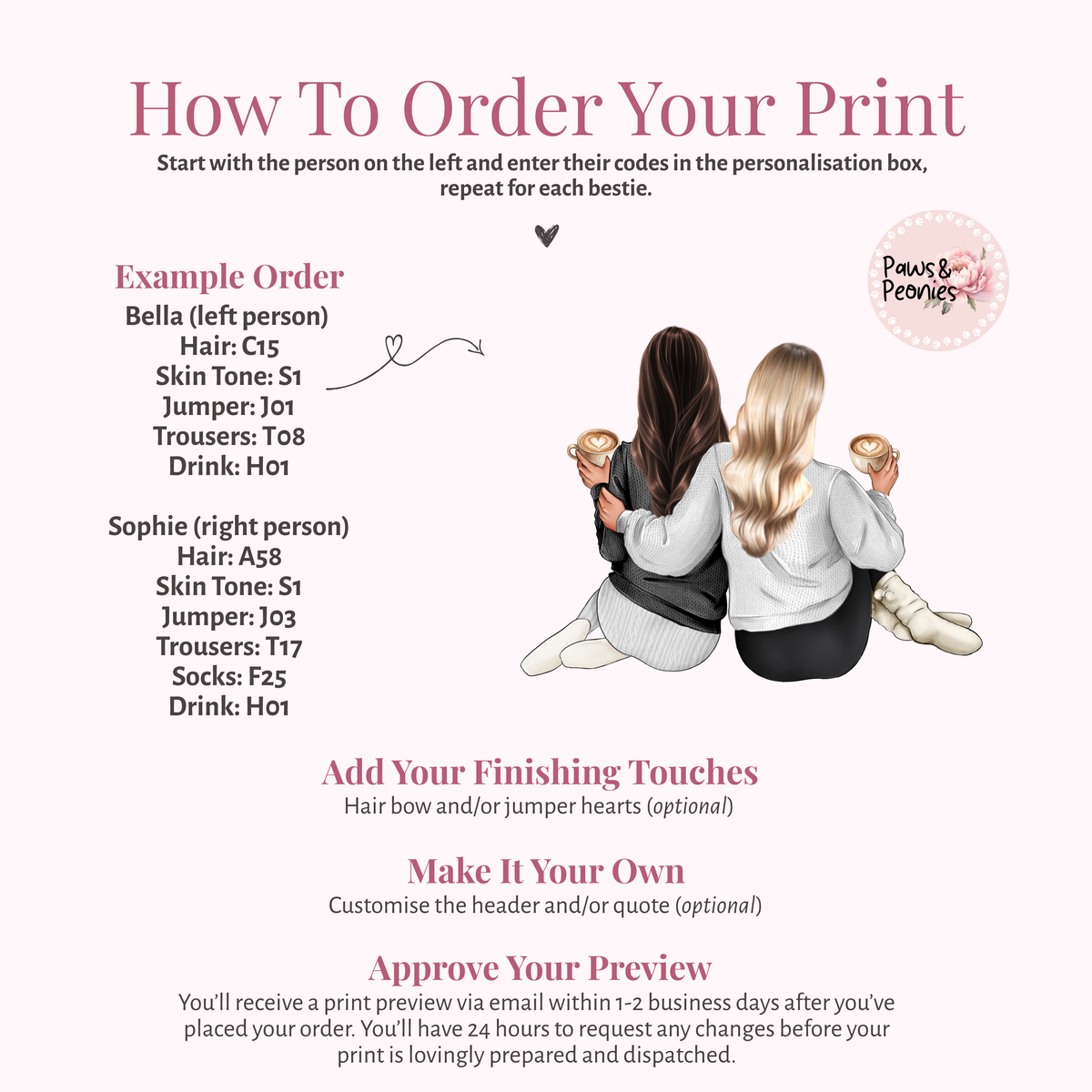 How to personalise your best friend print by choosing hairstyles, outfits, drinks and names for each bestie.